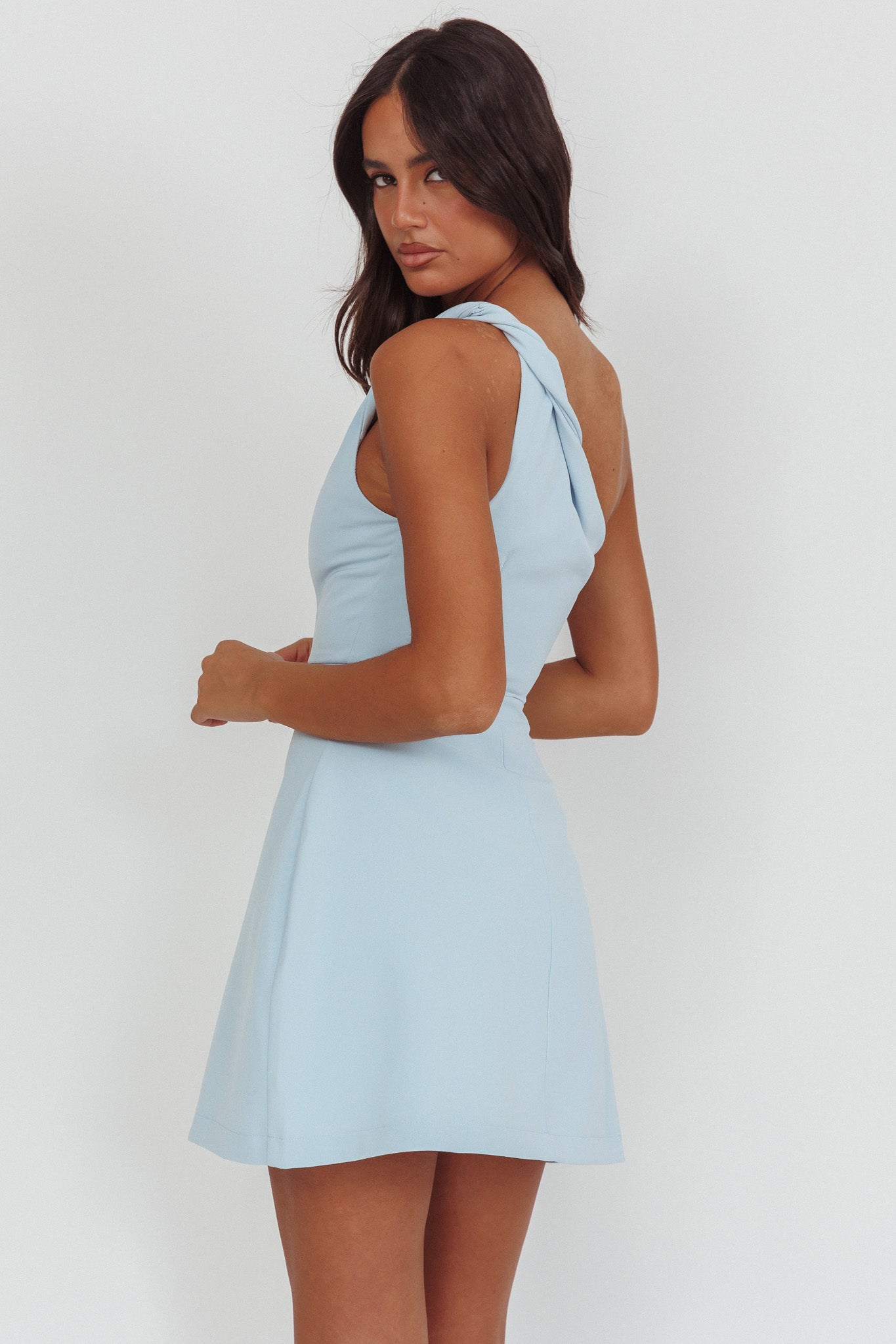 Lingering Love One-Shoulder Twist Mini Dress Blue-Maymioy