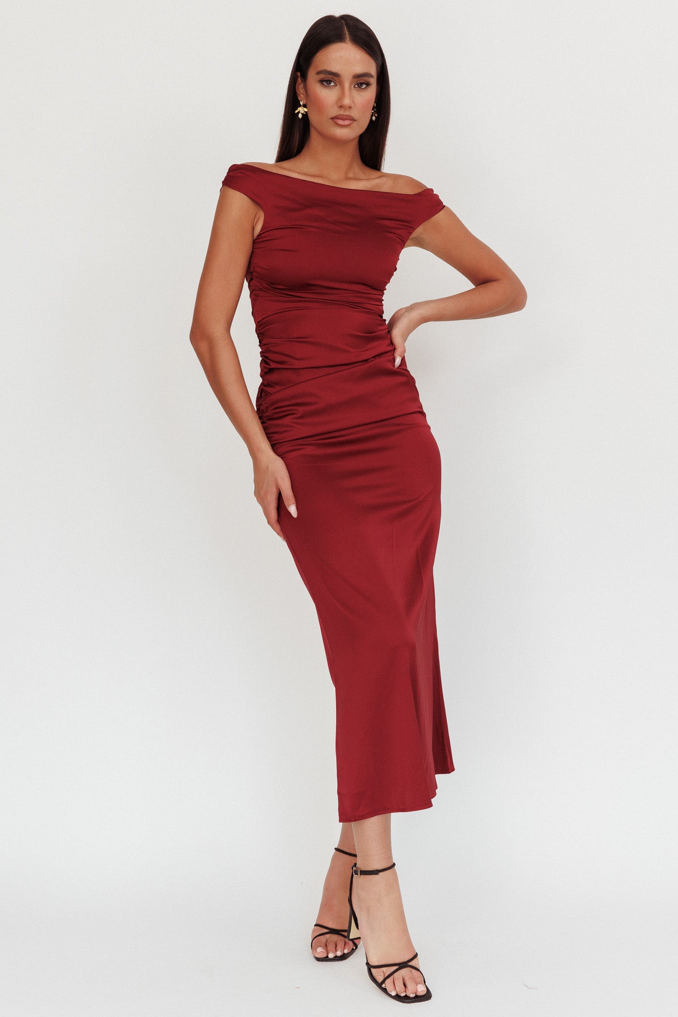 In Blooms Off Shoulder Satin Maxi Dress Wine-Maymioy