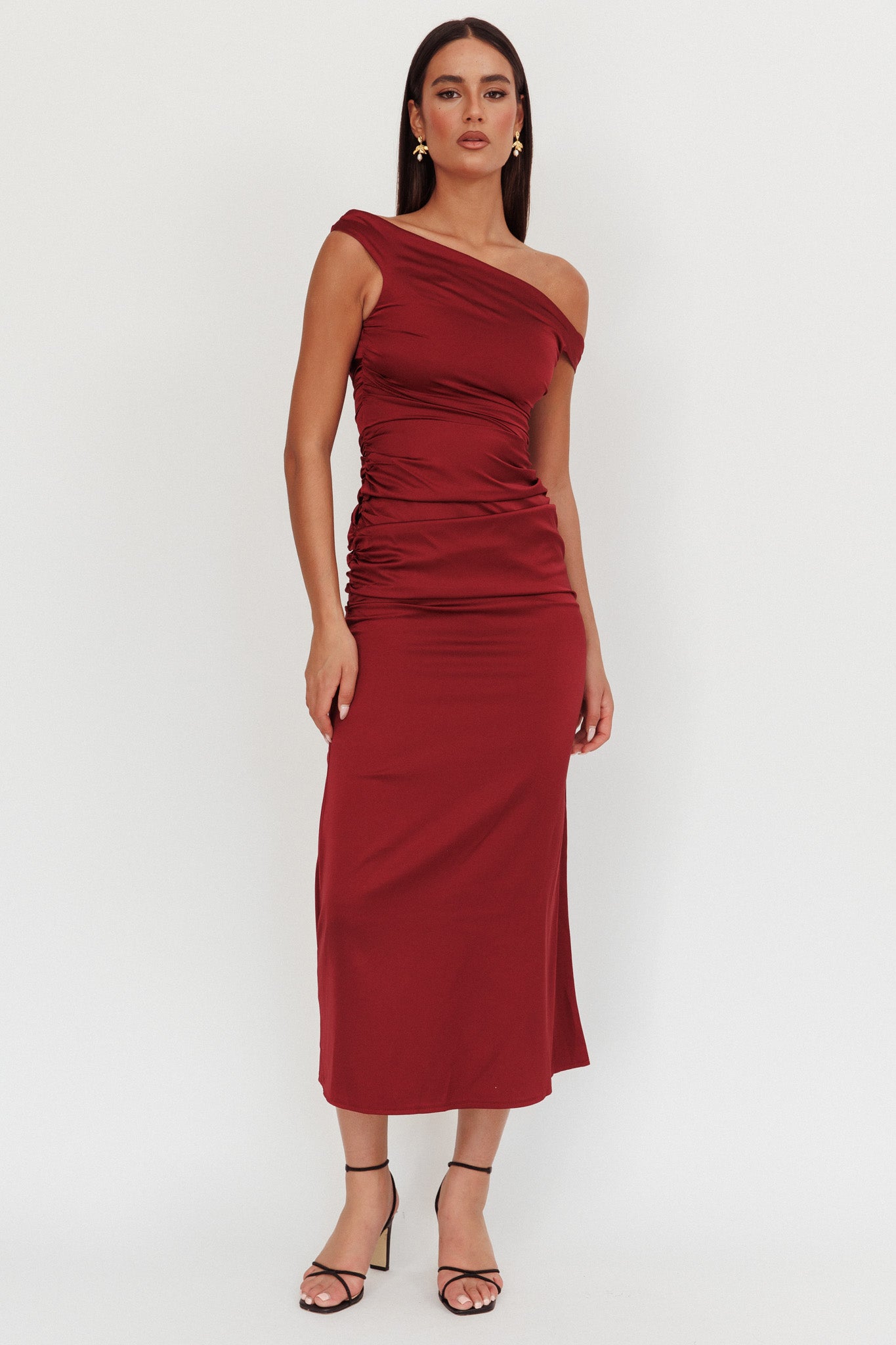 In Blooms Off Shoulder Satin Maxi Dress Wine-Maymioy