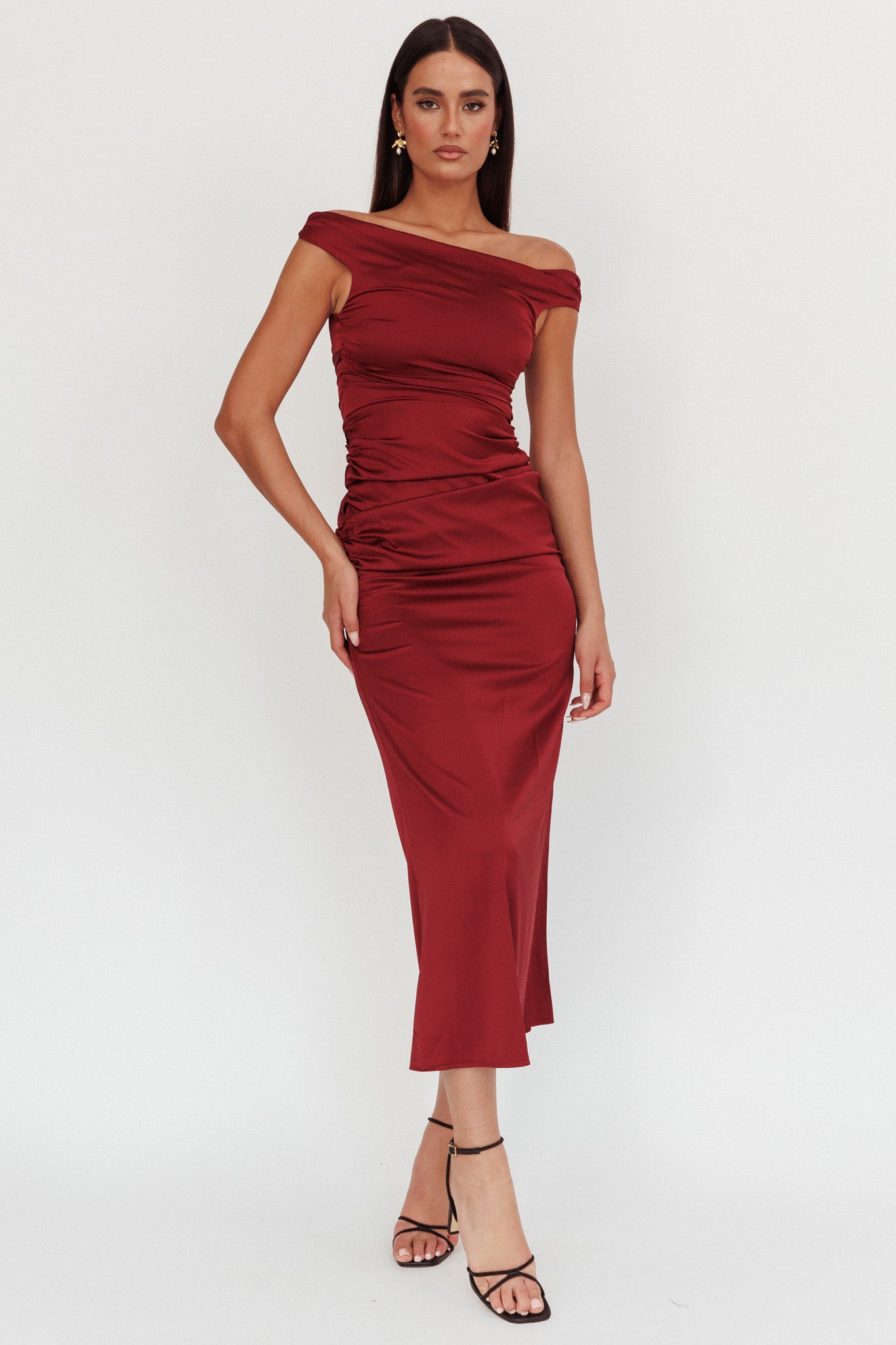 In Blooms Off Shoulder Satin Maxi Dress Wine-Maymioy