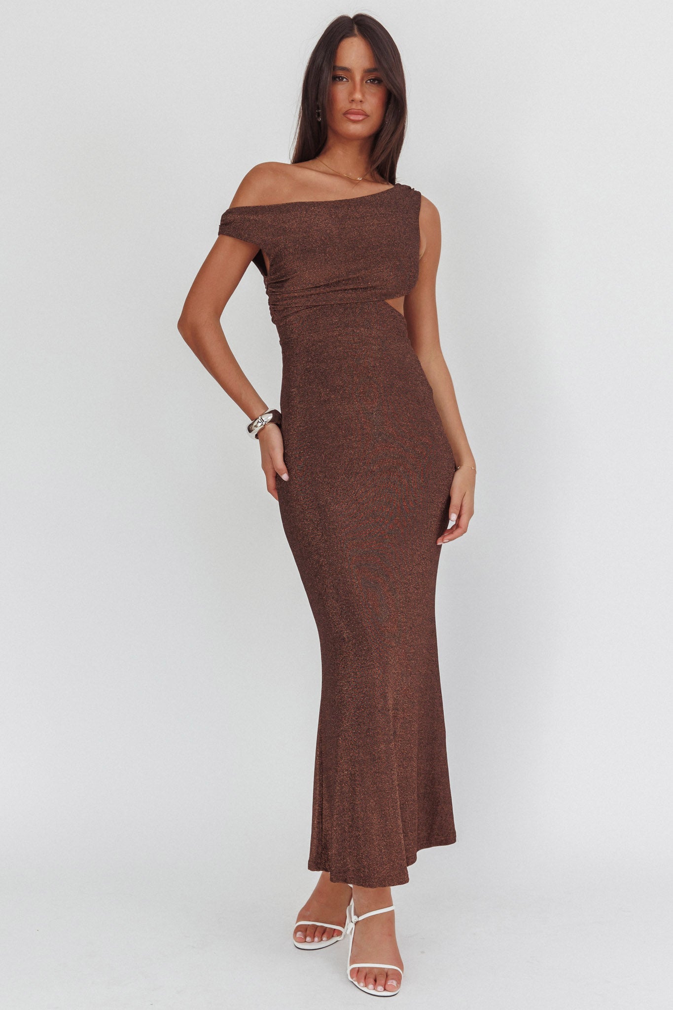In Blooms Asymmetric Neckline Maxi Dress Shimmer Chocolate-Maymioy