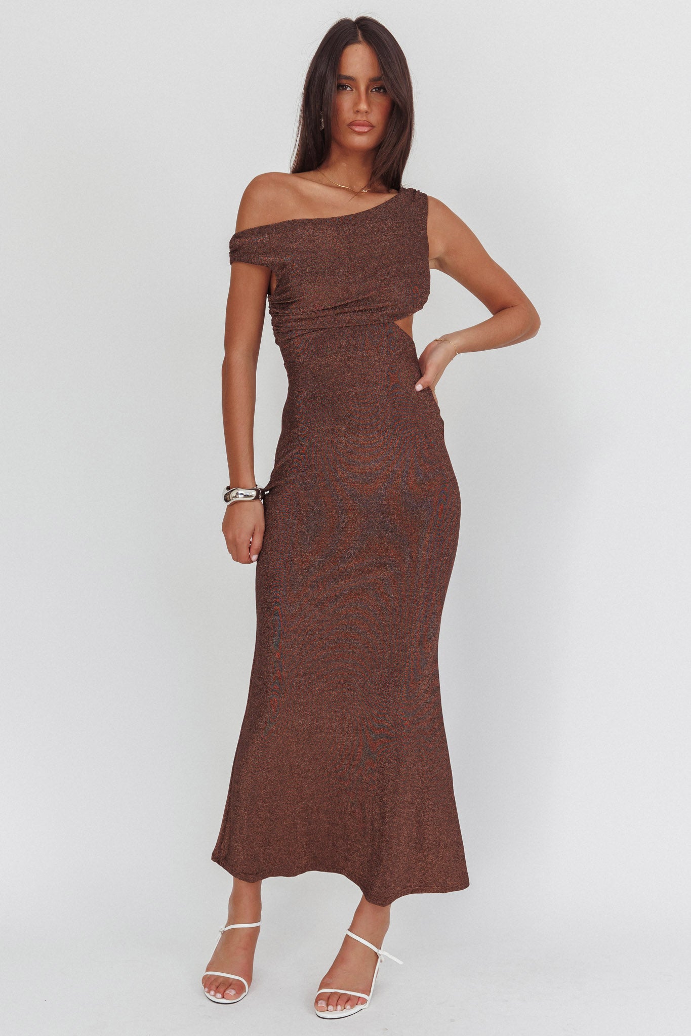 In Blooms Asymmetric Neckline Maxi Dress Shimmer Chocolate-Maymioy