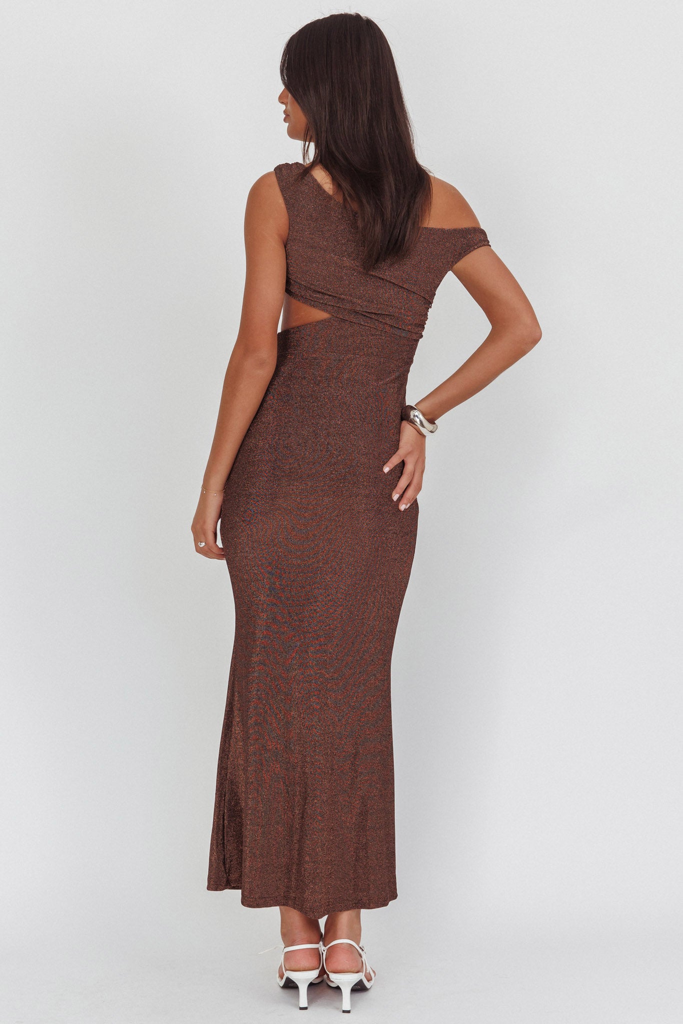 In Blooms Asymmetric Neckline Maxi Dress Shimmer Chocolate-Maymioy