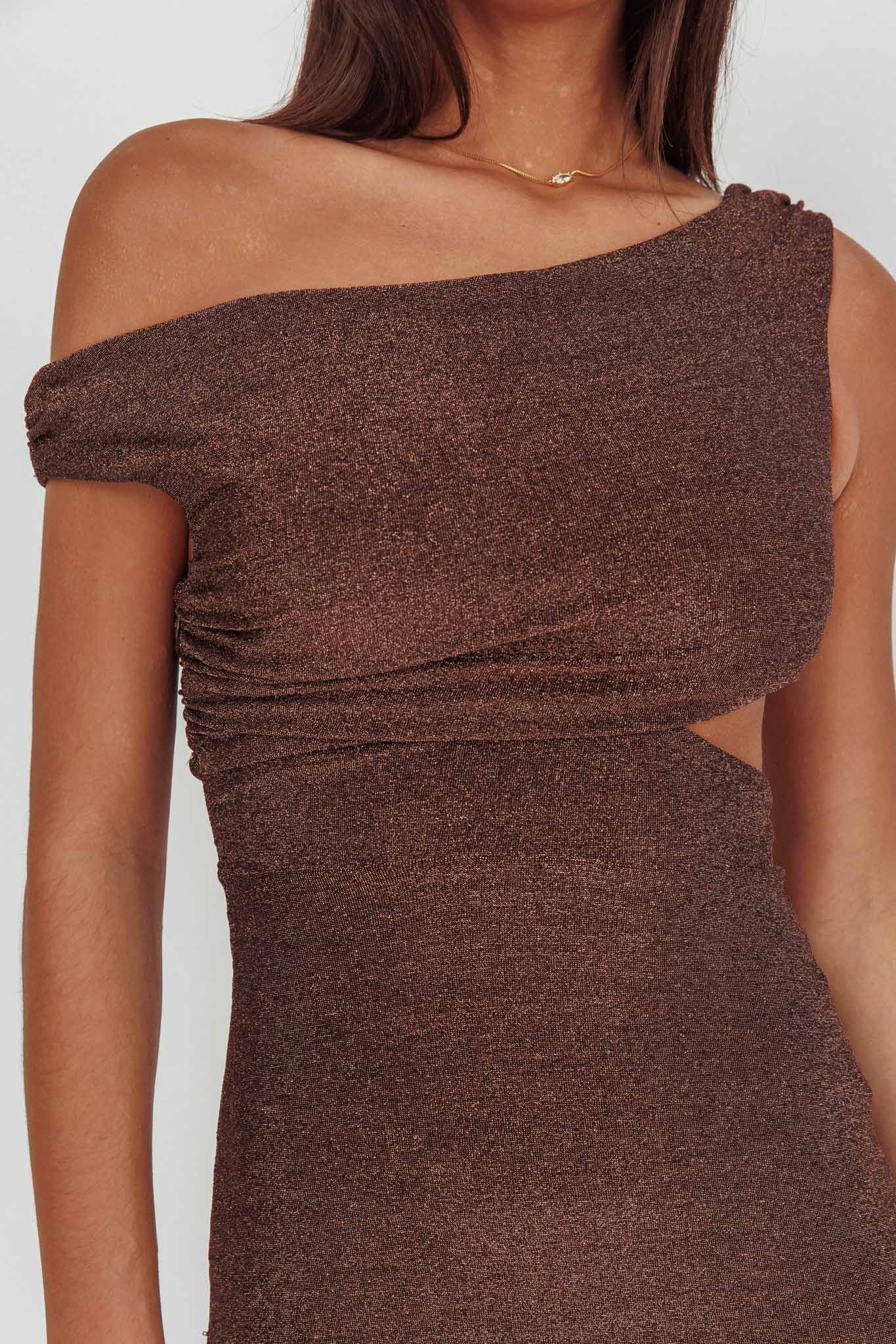 In Blooms Asymmetric Neckline Maxi Dress Shimmer Chocolate-Maymioy