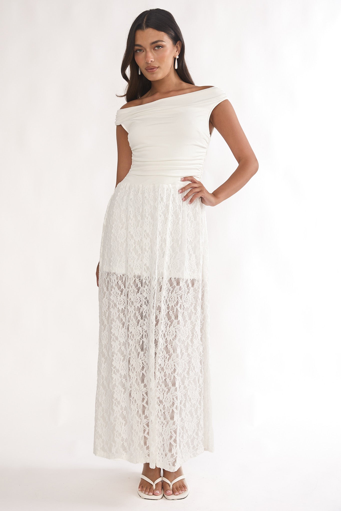 In Blooms Off-Shoulder Lace Maxi Dress White-Maymioy
