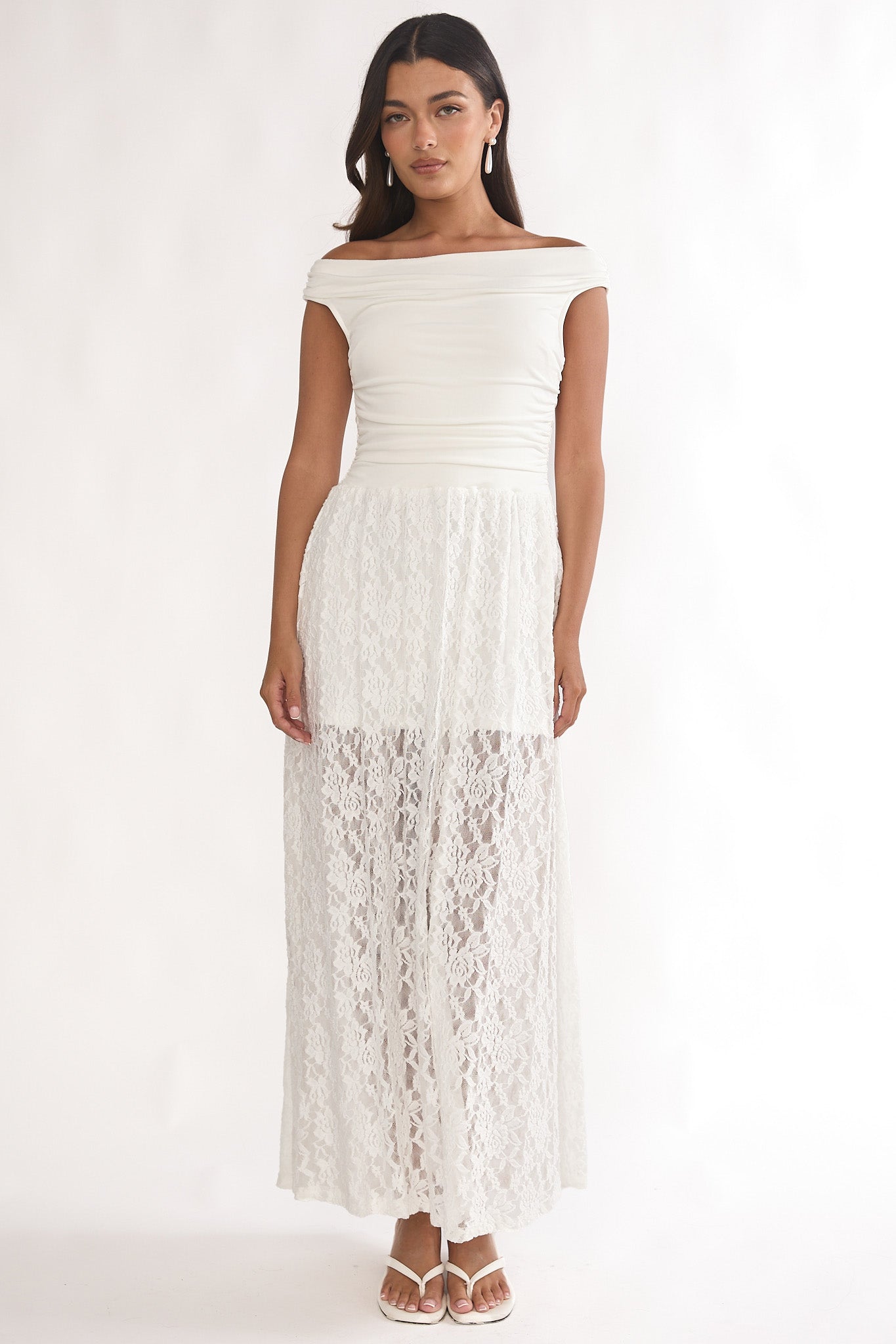 In Blooms Off-Shoulder Lace Maxi Dress White-Maymioy