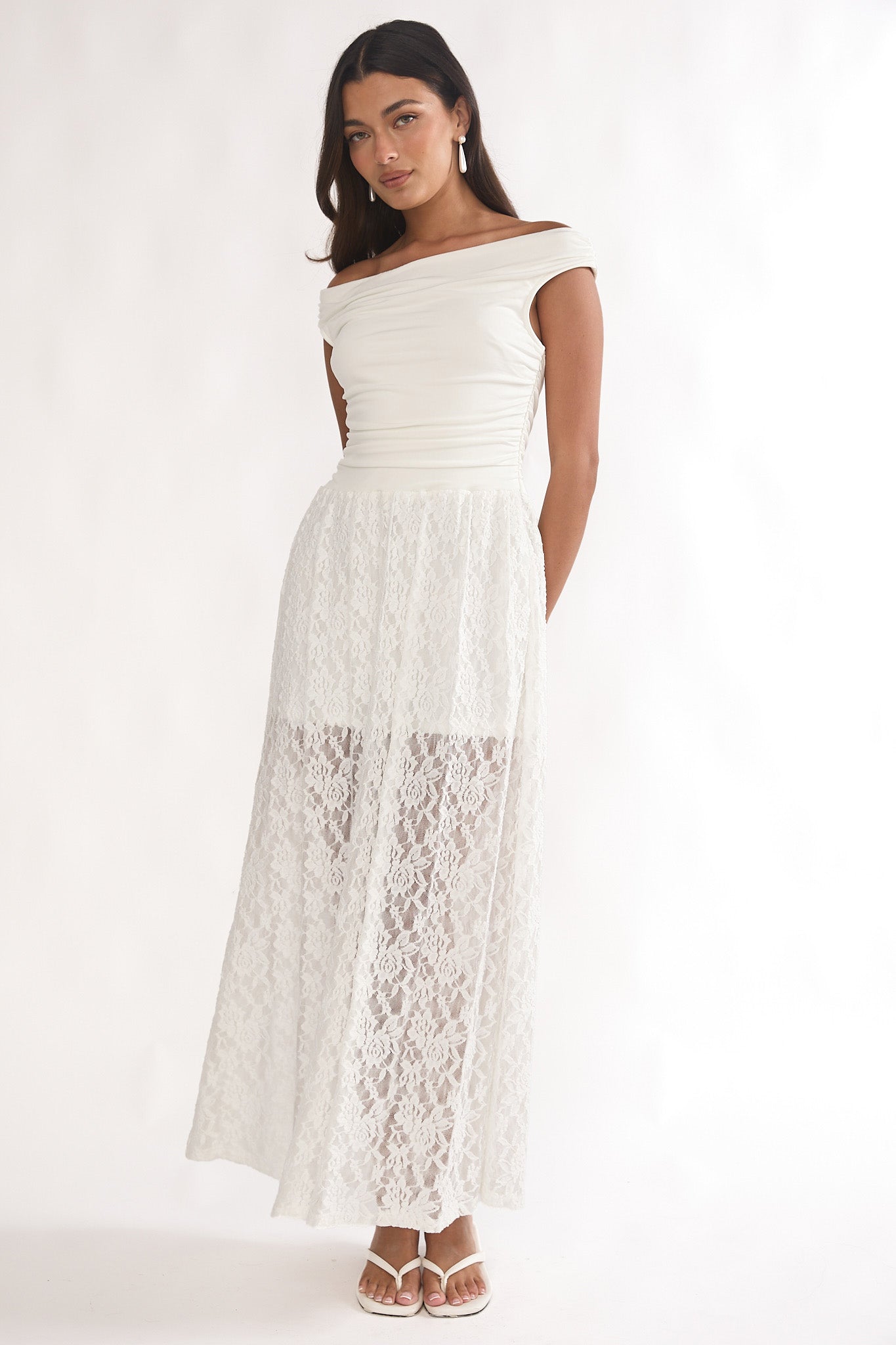 In Blooms Off-Shoulder Lace Maxi Dress White-Maymioy
