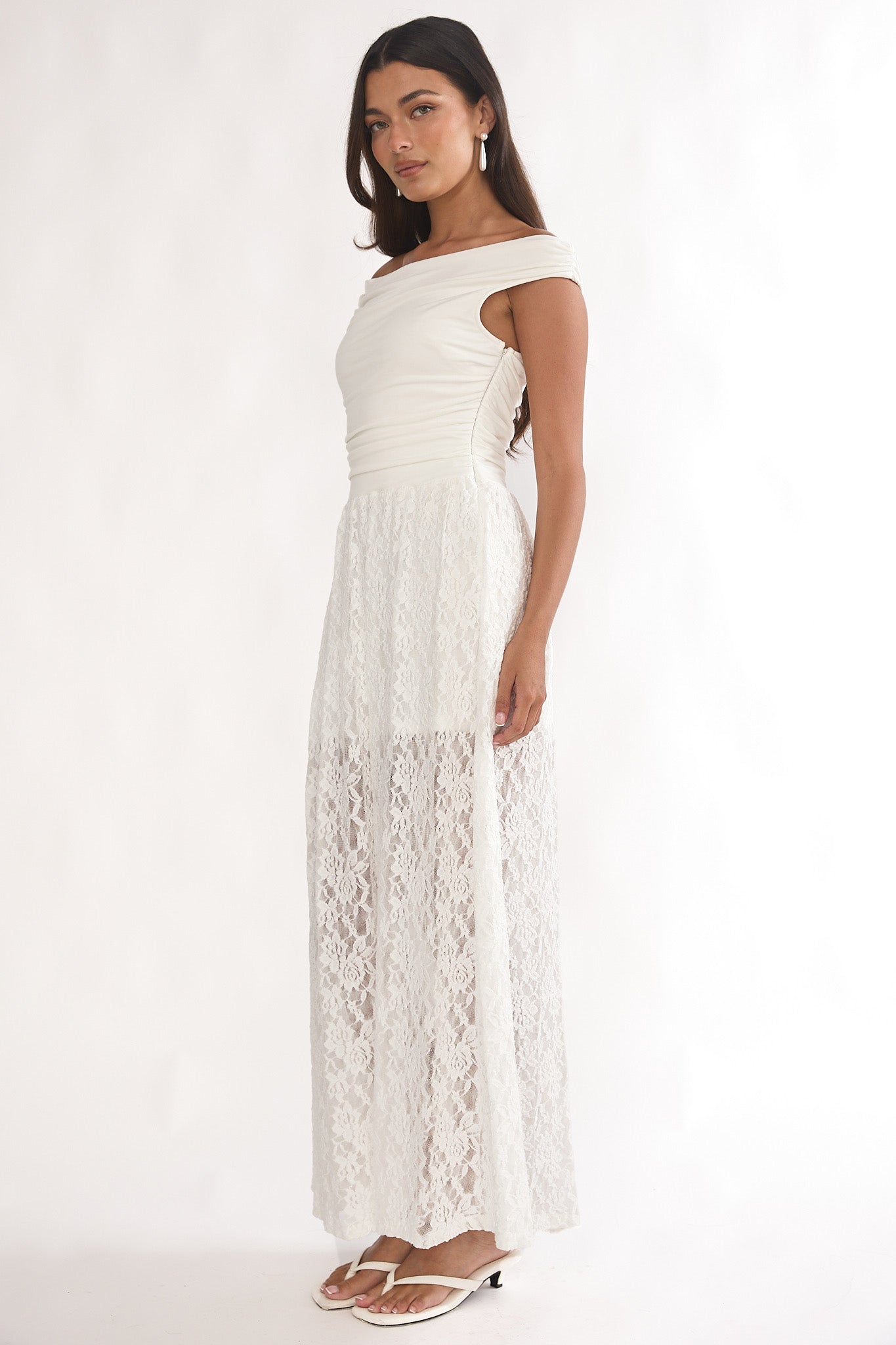 In Blooms Off-Shoulder Lace Maxi Dress White-Maymioy