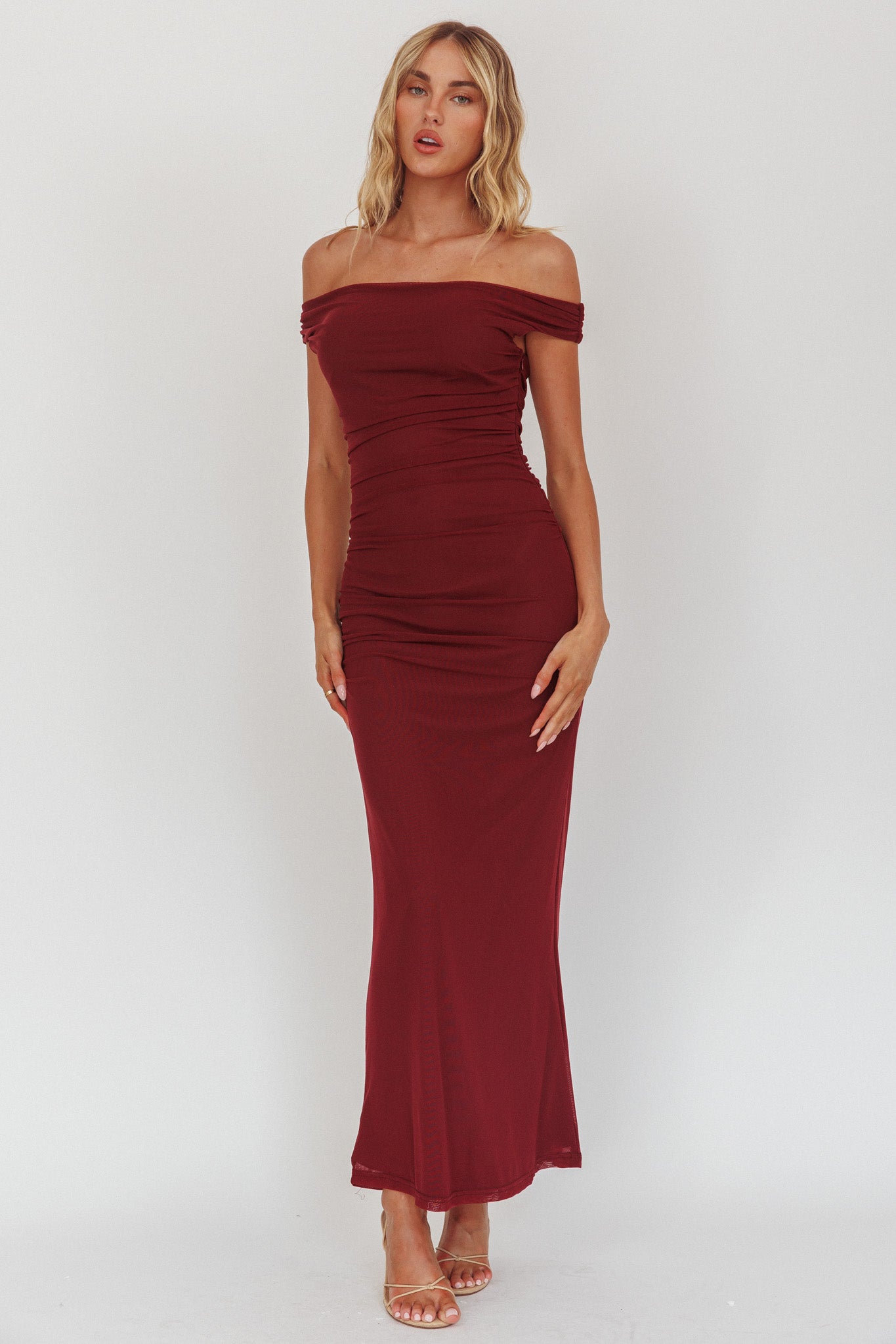 In Blooms Off Shoulder Mesh Midi Dress Wine-Maymioy