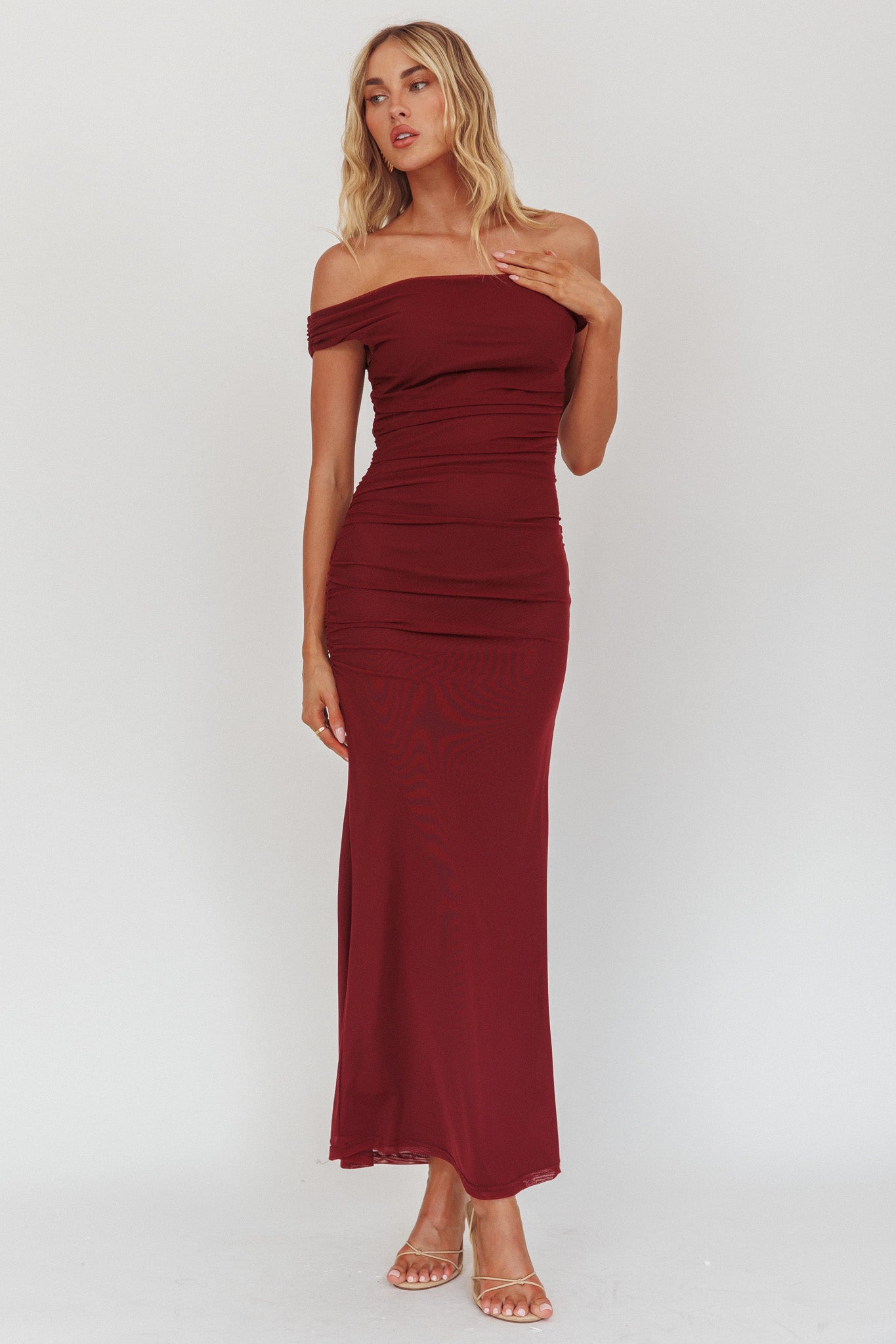 In Blooms Off Shoulder Mesh Midi Dress Wine-Maymioy