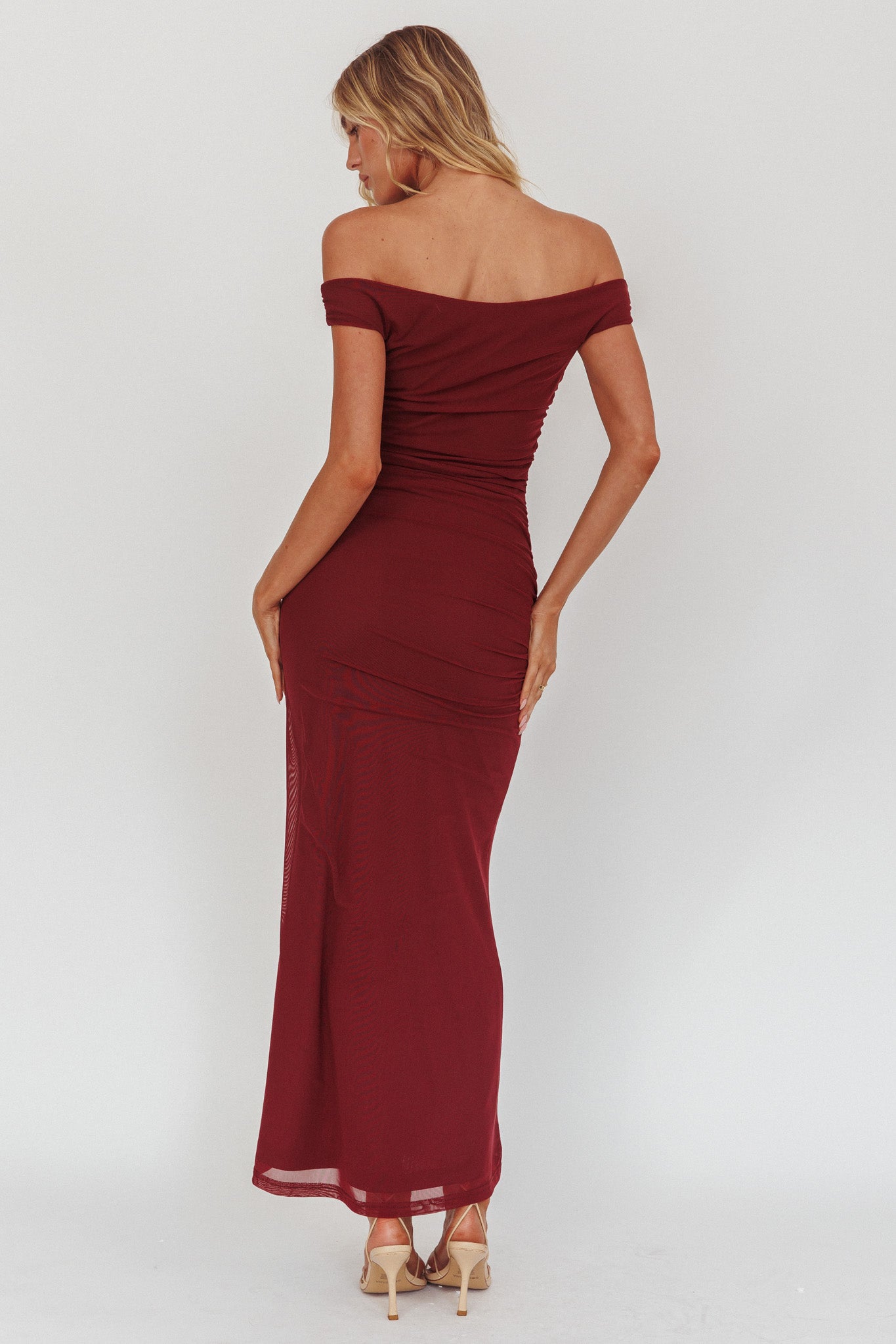 In Blooms Off Shoulder Mesh Midi Dress Wine-Maymioy