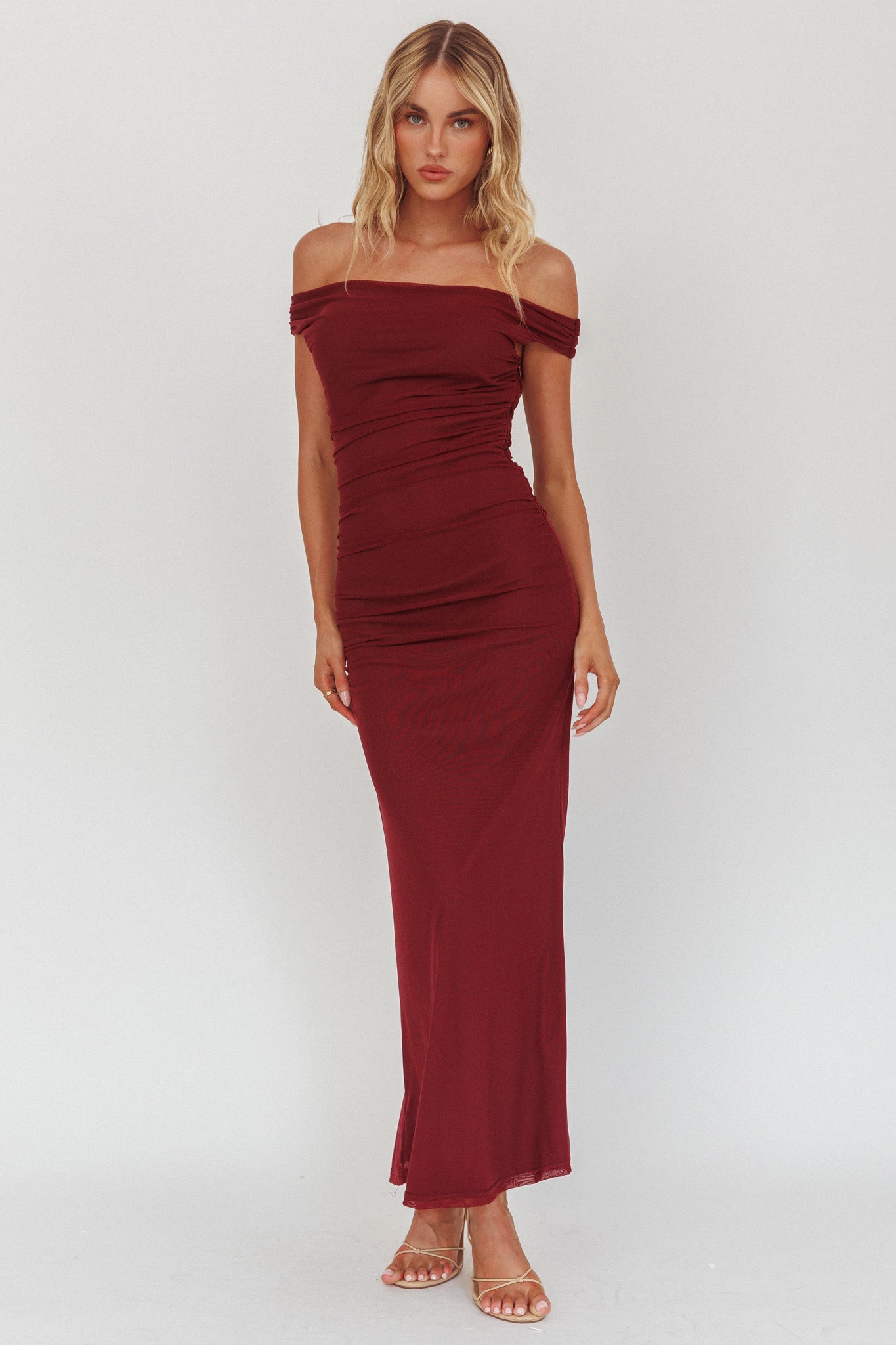 In Blooms Off Shoulder Mesh Midi Dress Wine-Maymioy