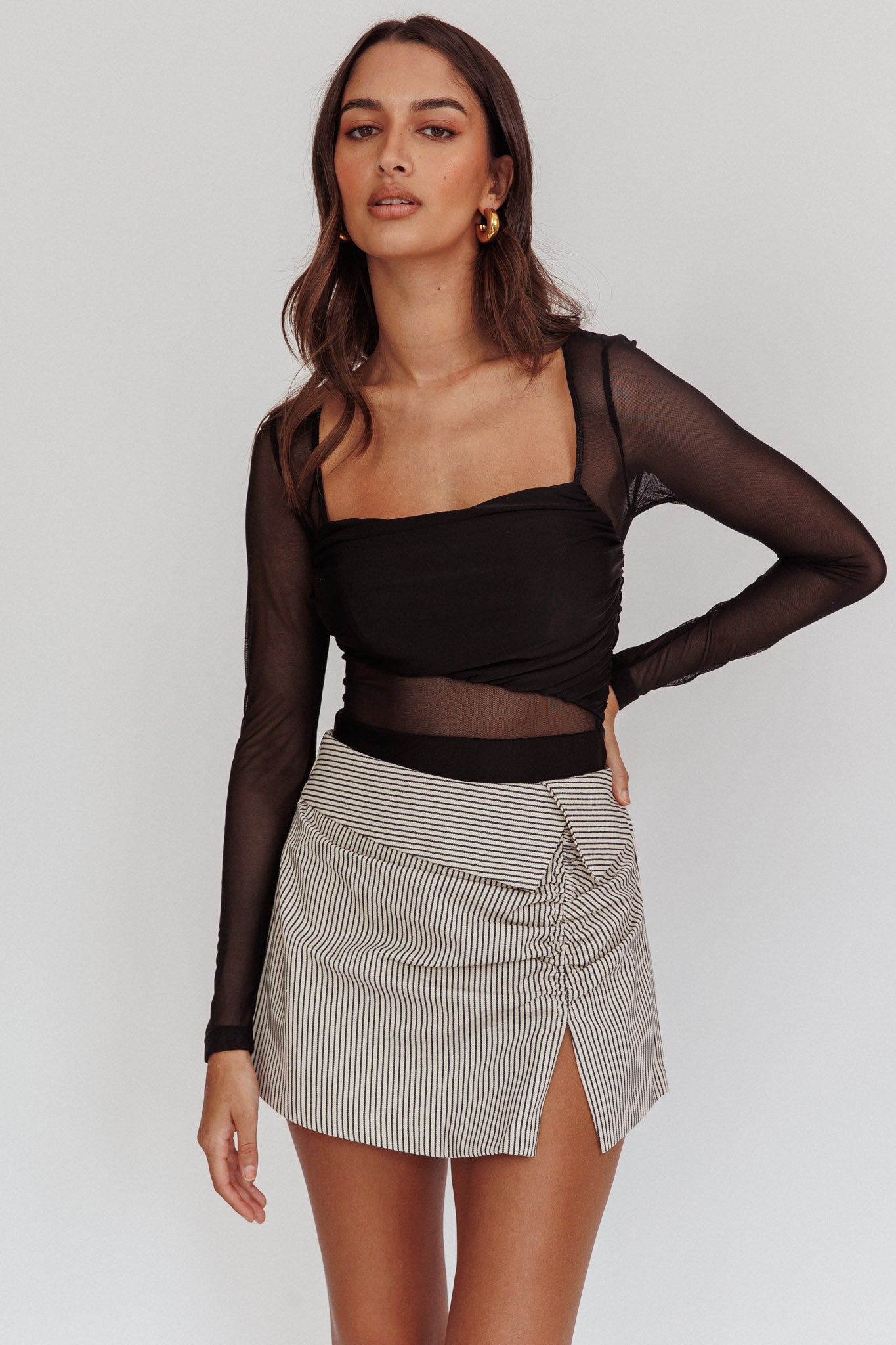 Toronto Long Sleeve Partial Sheer Bodysuit Black-Maymioy