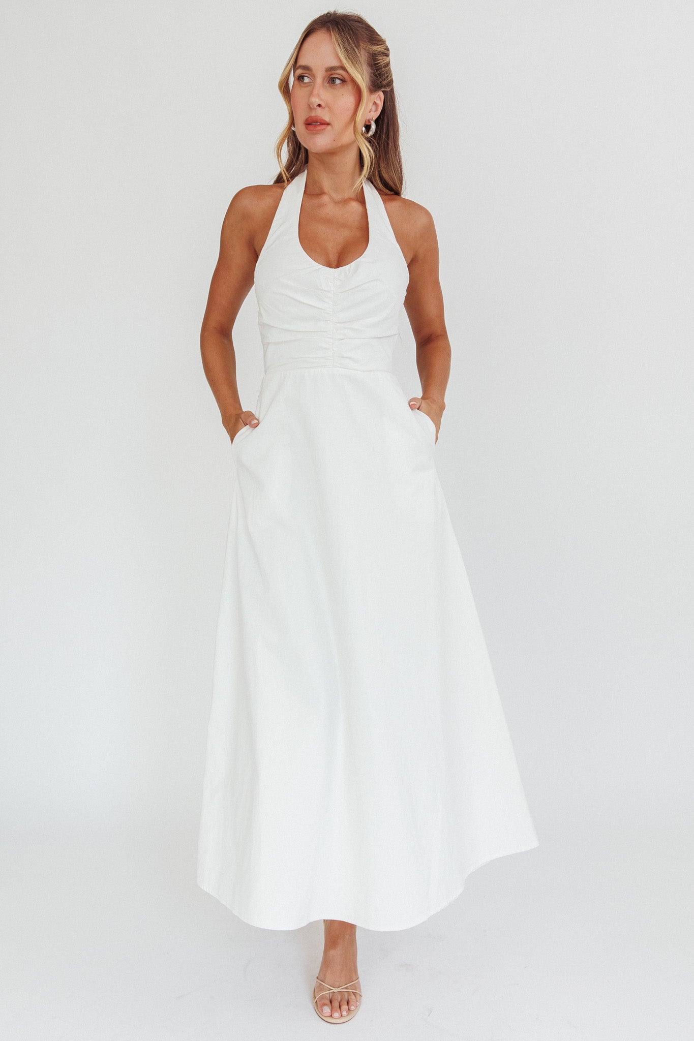 Can't Compete A-Line Halter Maxi Dress White-Maymioy