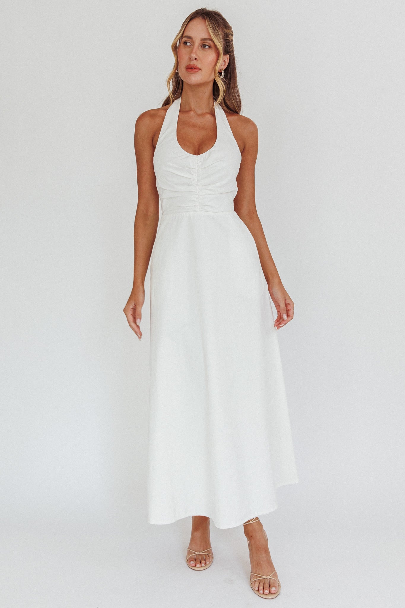 Can't Compete A-Line Halter Maxi Dress White-Maymioy