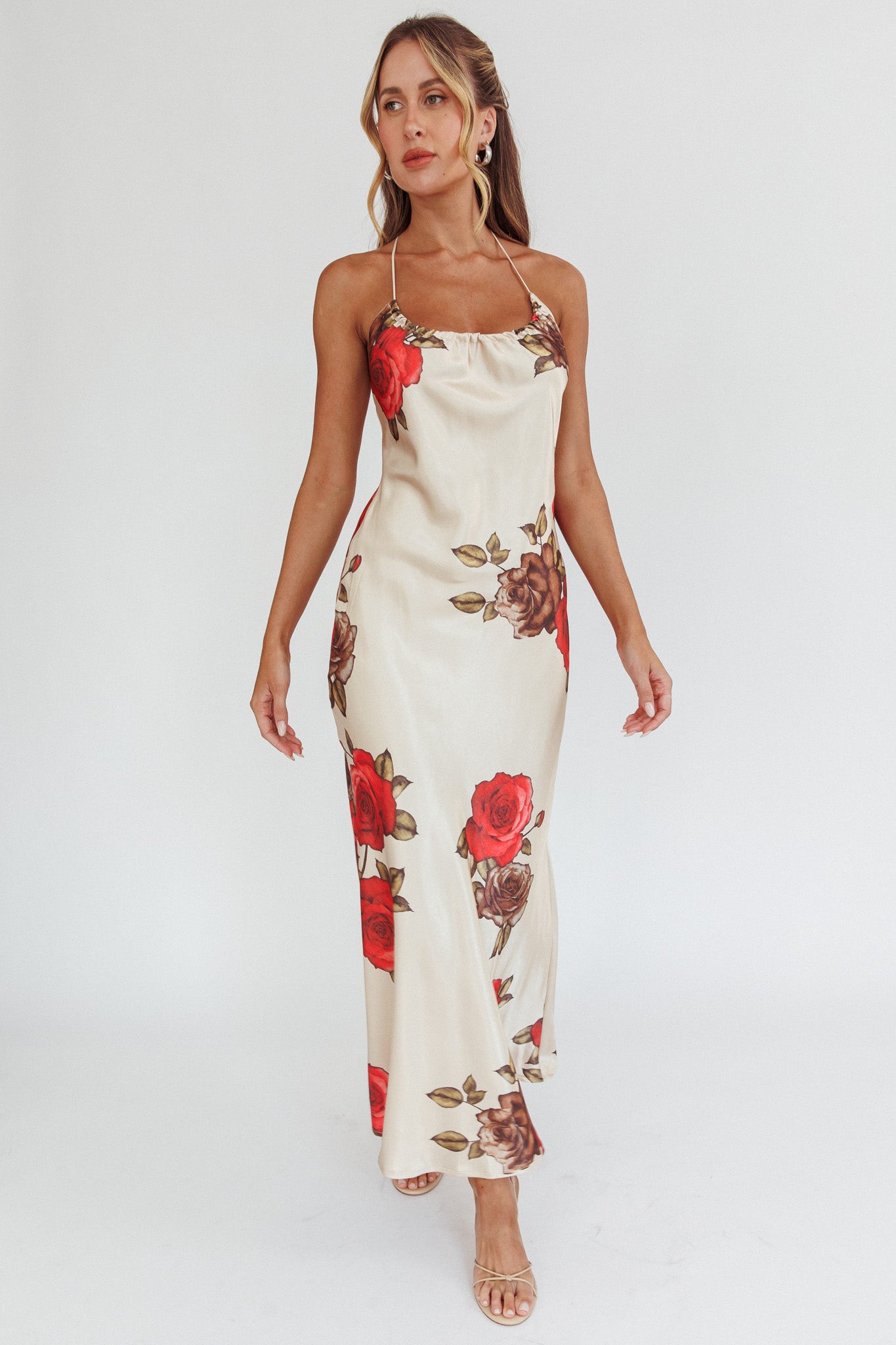 Aspen Spring Lace-Up Back Maxi Dress Floral Beige-Maymioy