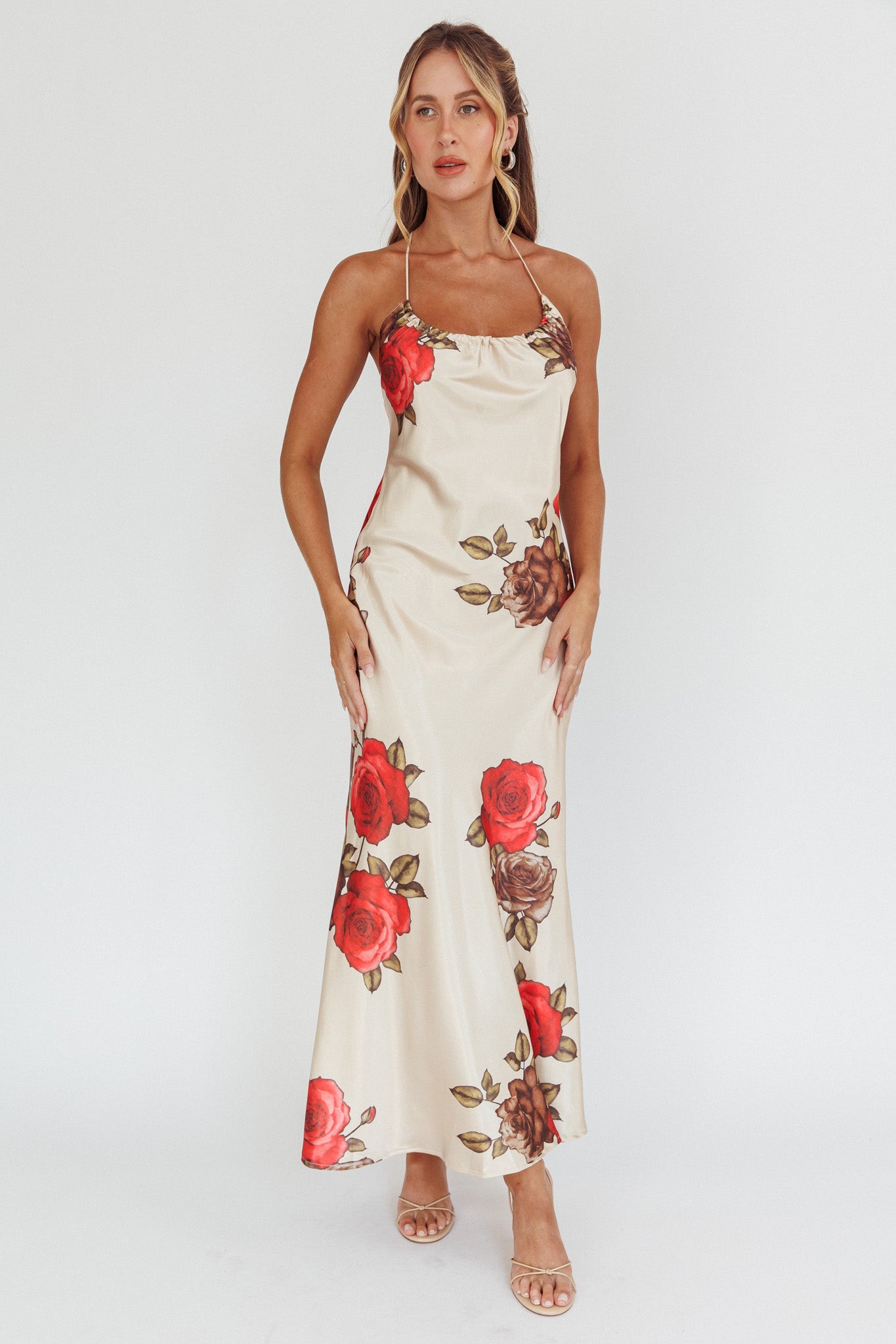 Aspen Spring Lace-Up Back Maxi Dress Floral Beige-Maymioy