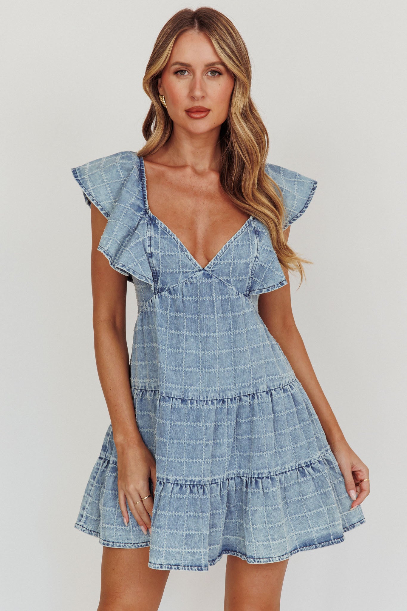 Daffodil Ruffle A-Line Mini Dress Light Blue-Maymioy