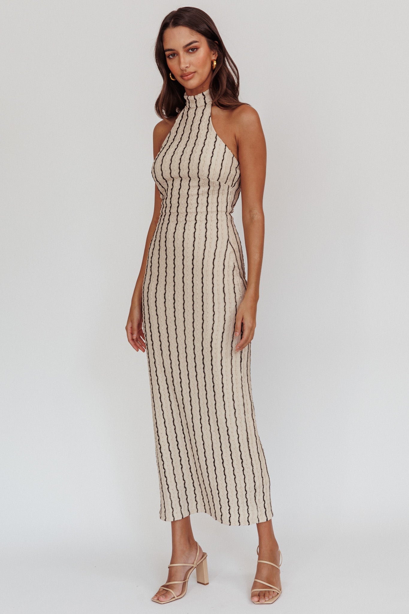 Kimchi Mockneck Halter Maxi Dress Beige-Maymioy