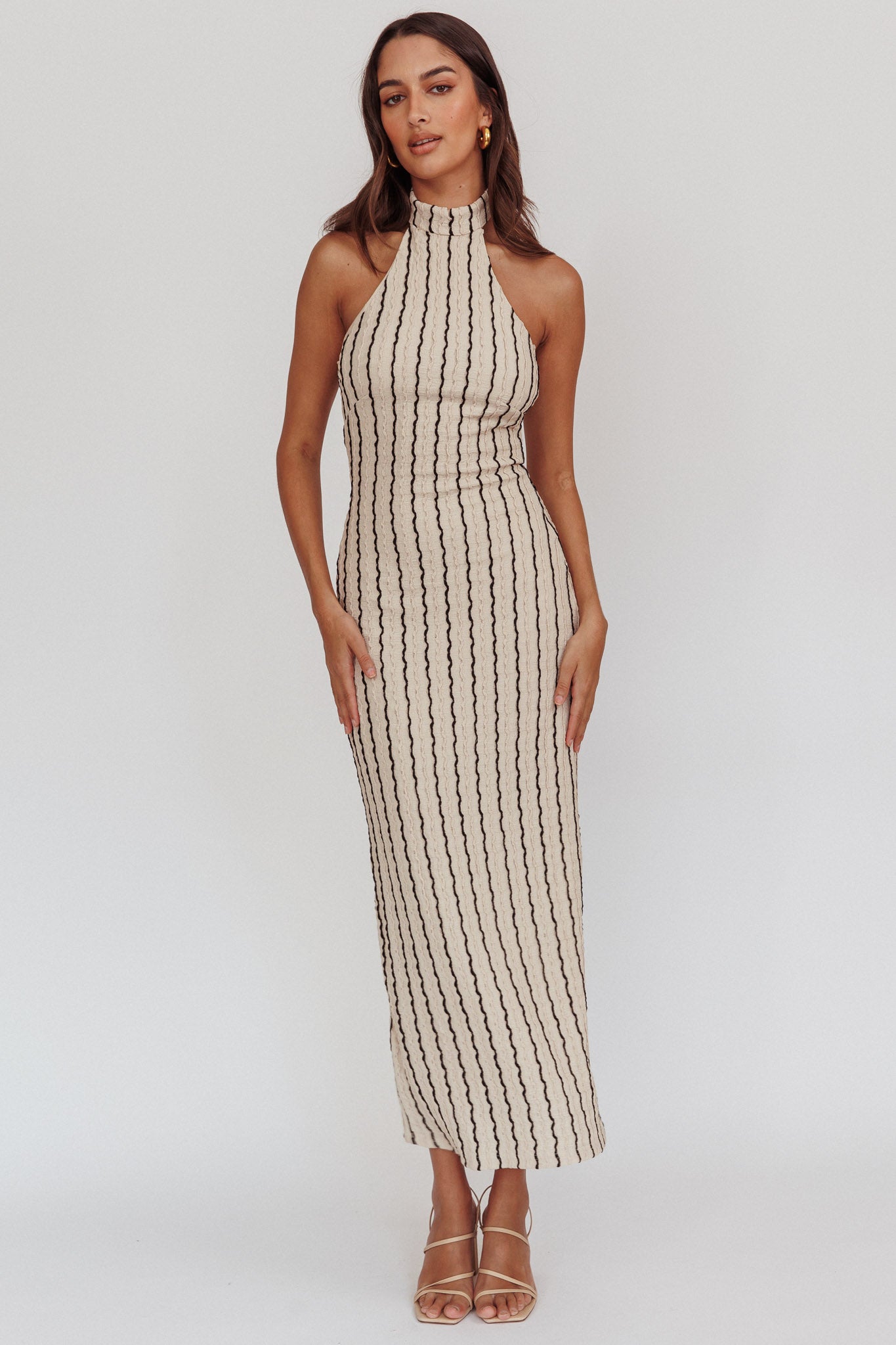Kimchi Mockneck Halter Maxi Dress Beige-Maymioy