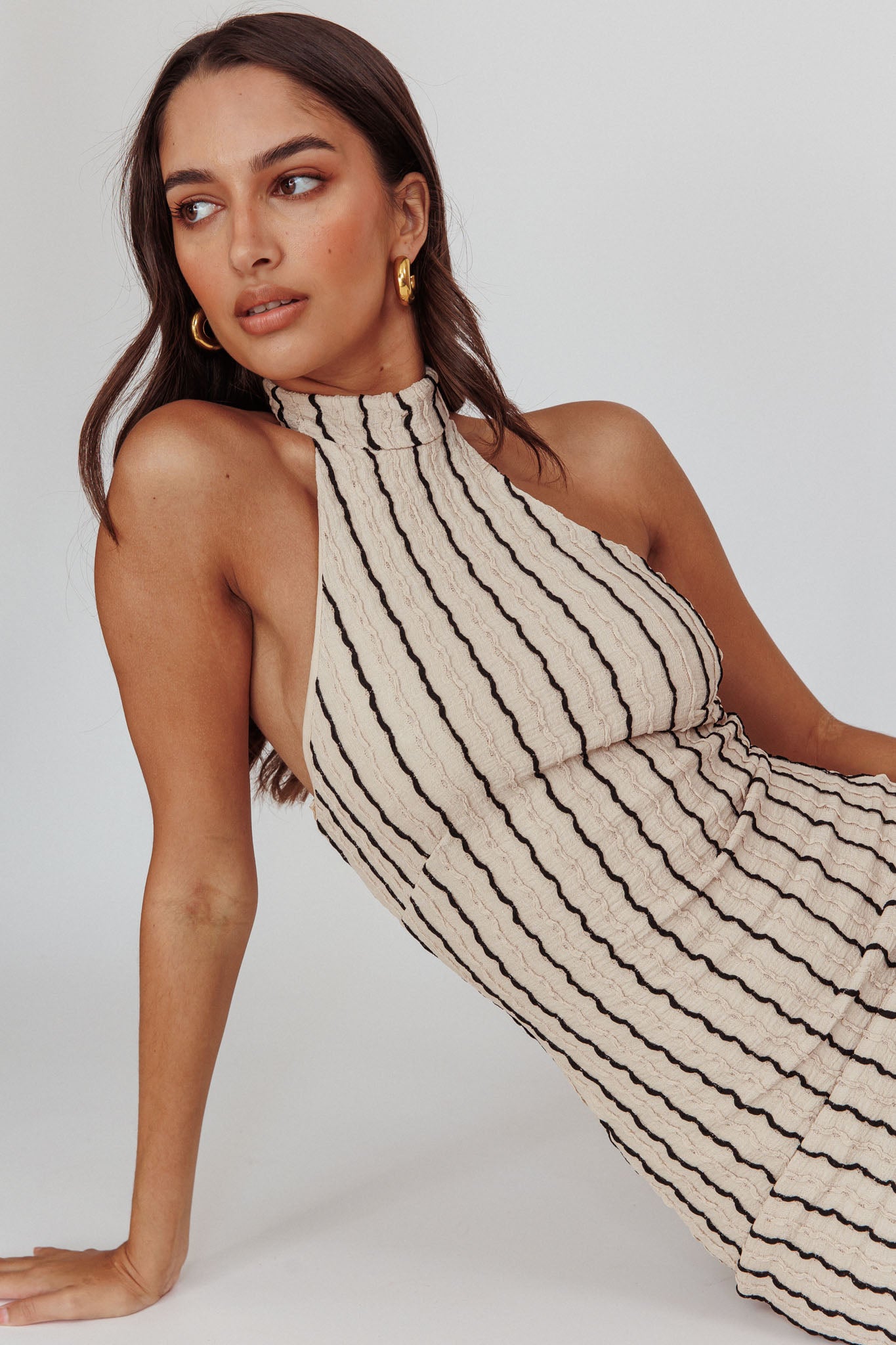 Kimchi Mockneck Halter Maxi Dress Beige-Maymioy
