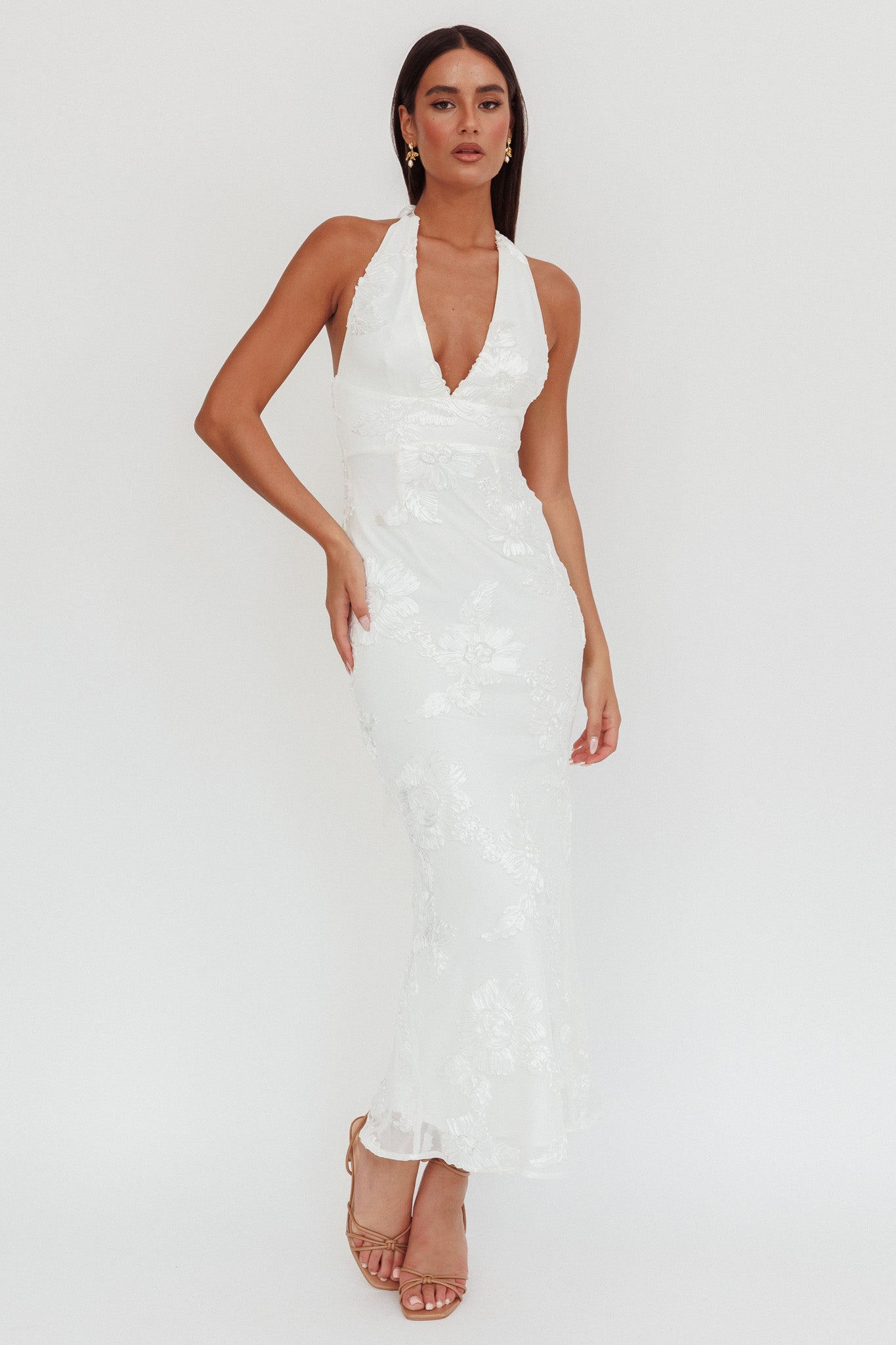 Cipriana Backless Halter Maxi Dress Embellished White-Maymioy