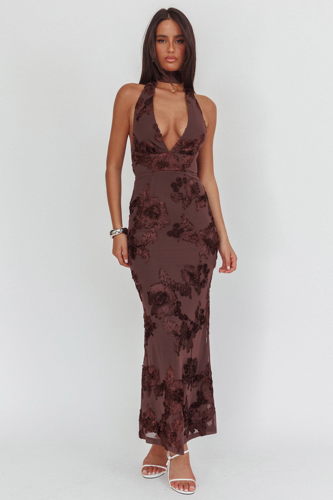 Cipriana Backless Halter Maxi Dress Embellished Brown-Maymioy