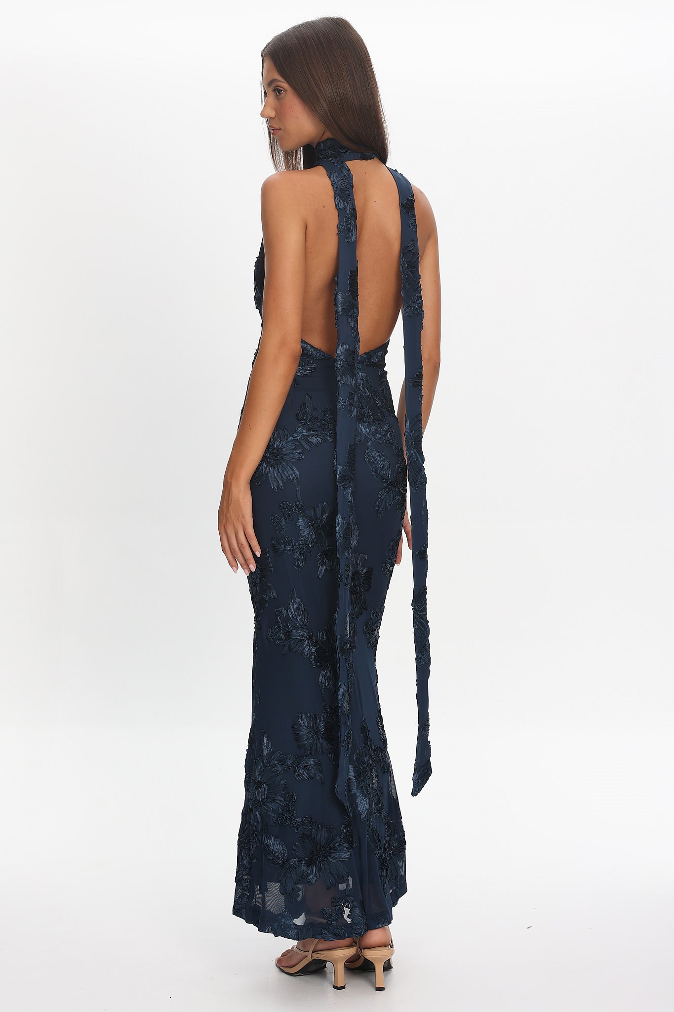 Cipriana Backless Halter Maxi Dress Embellished Navy-Maymioy