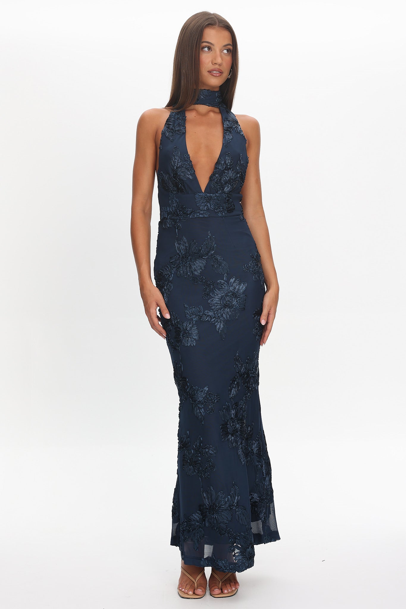 Cipriana Backless Halter Maxi Dress Embellished Navy-Maymioy