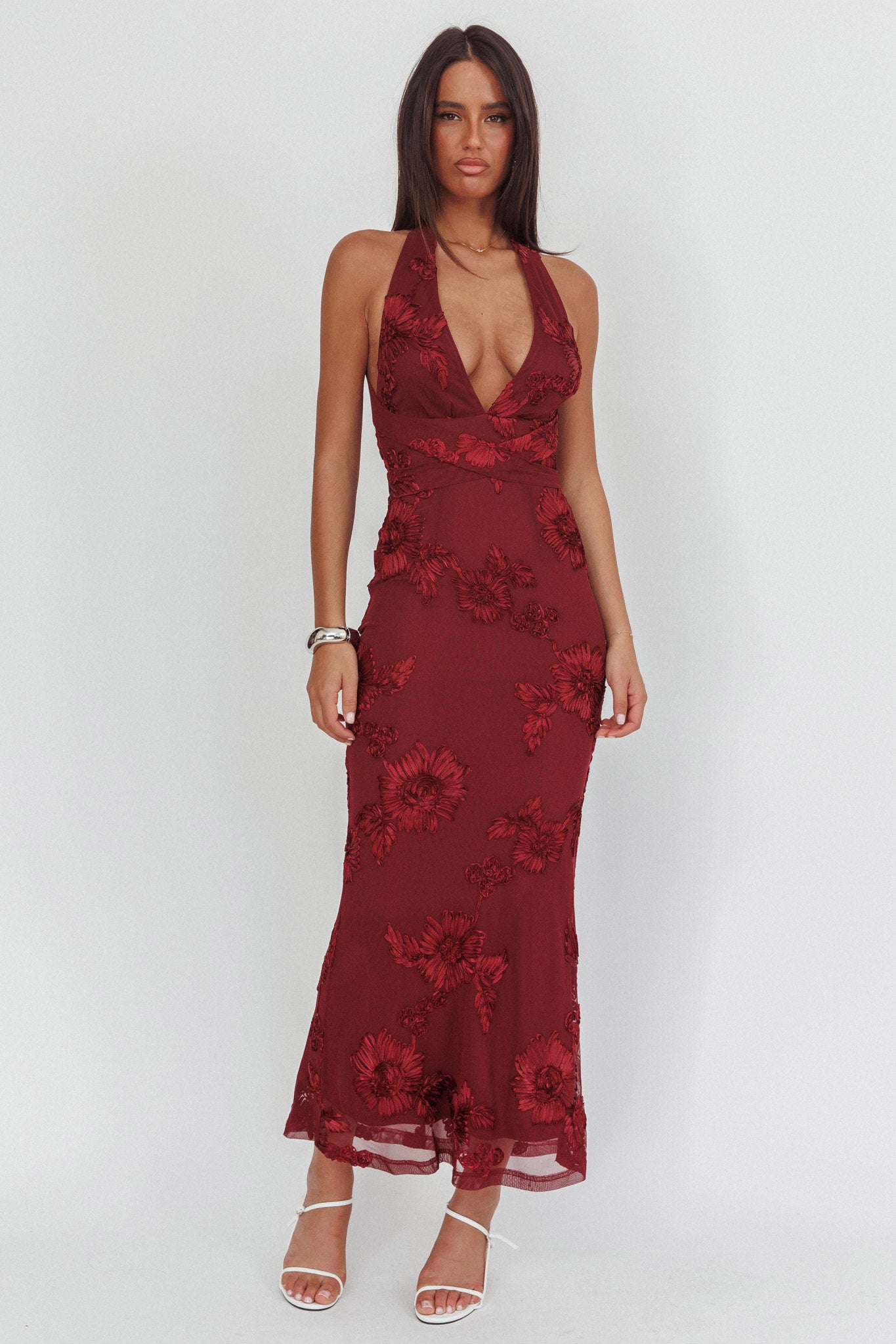 Cipriana Backless Halter Maxi Dress Embellished Wine-Maymioy