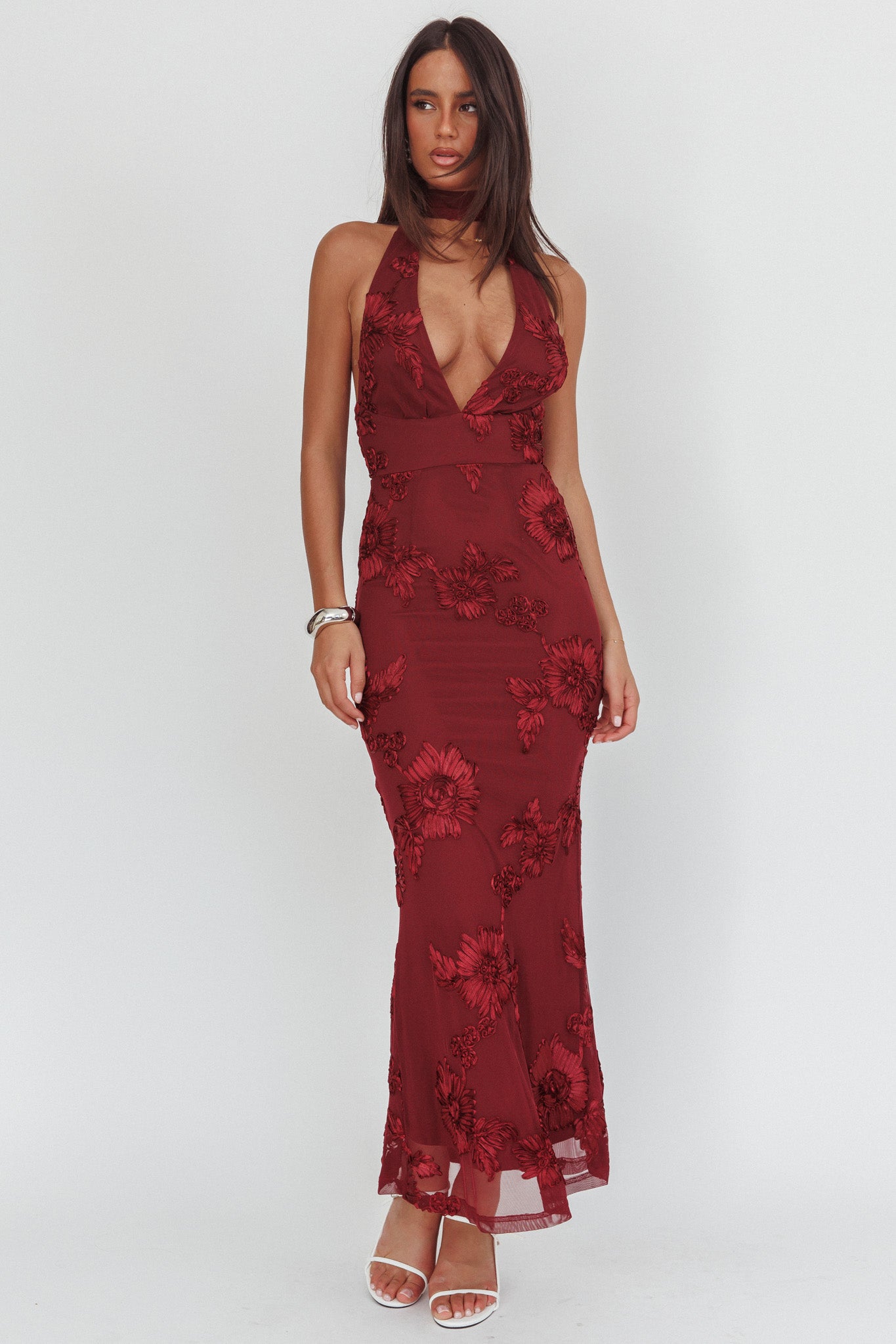 Cipriana Backless Halter Maxi Dress Embellished Wine-Maymioy