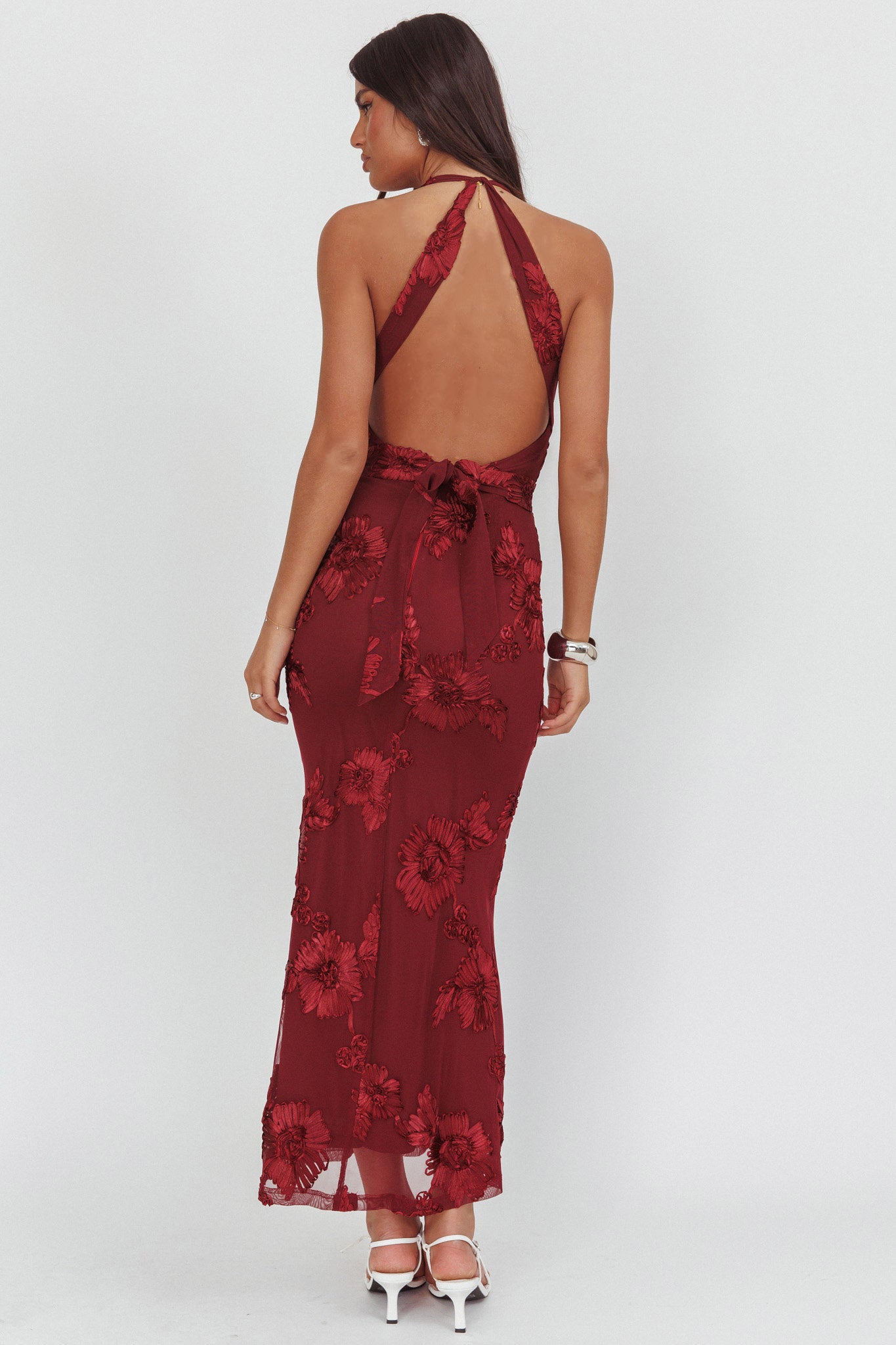 Cipriana Backless Halter Maxi Dress Embellished Wine-Maymioy