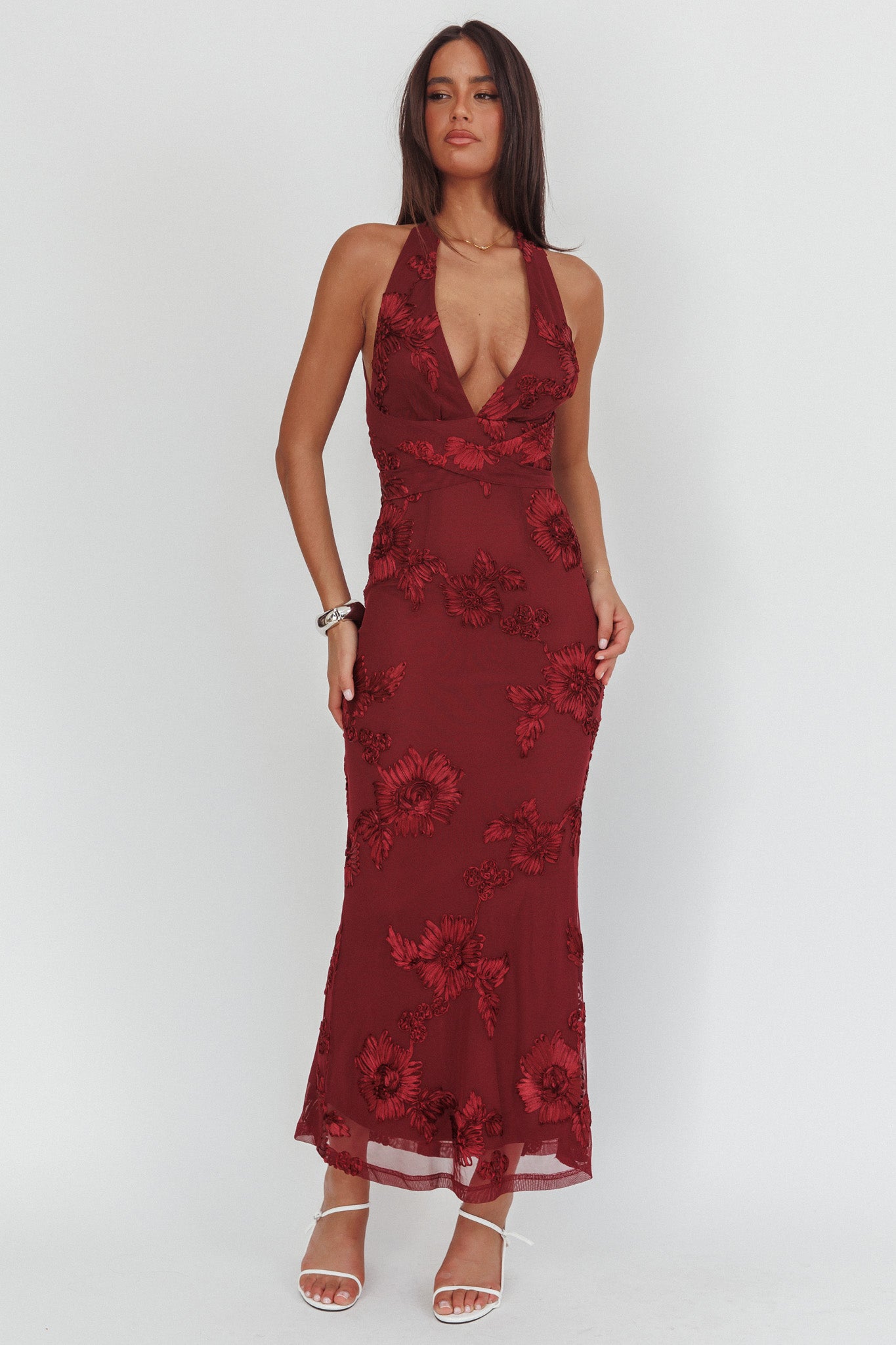 Cipriana Backless Halter Maxi Dress Embellished Wine-Maymioy