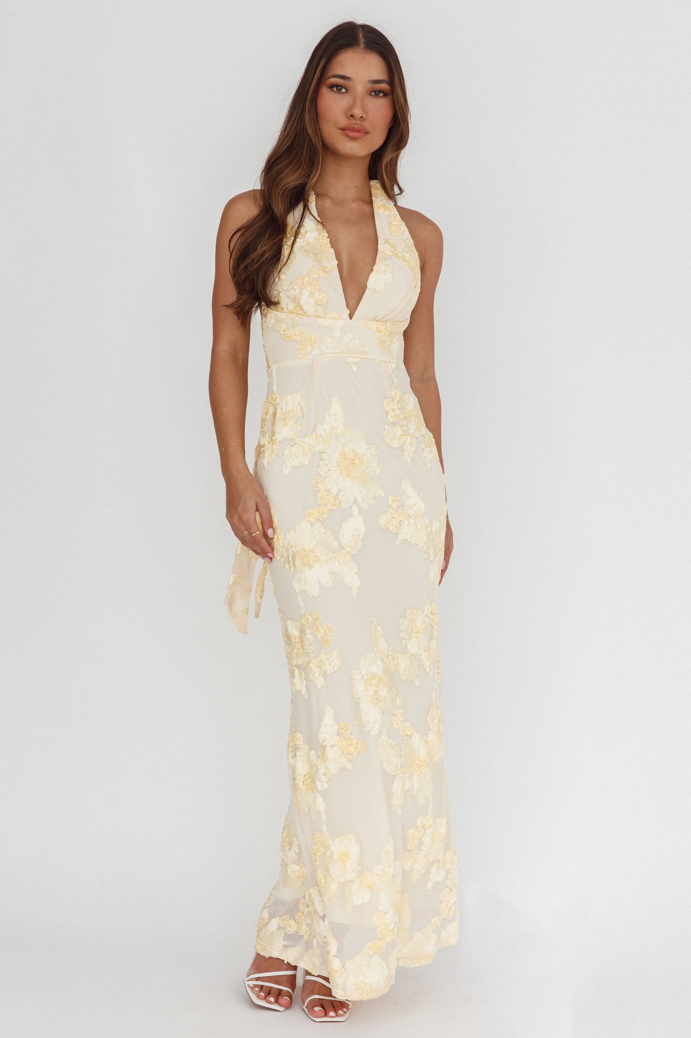 Cipriana Backless Halter Maxi Dress Embellished Yellow-Maymioy