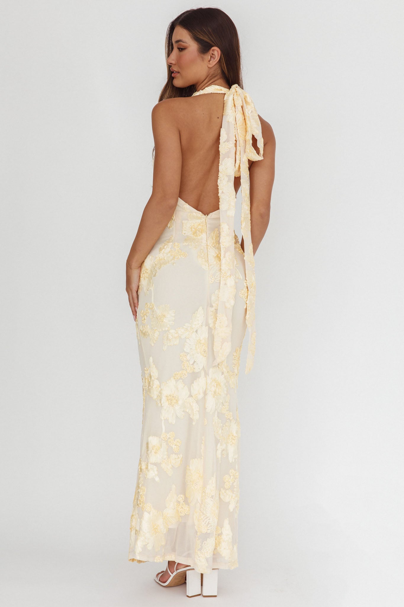 Cipriana Backless Halter Maxi Dress Embellished Yellow-Maymioy