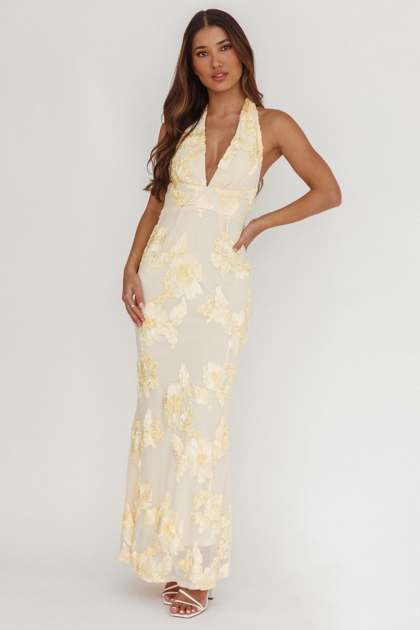 Cipriana Backless Halter Maxi Dress Embellished Yellow-Maymioy