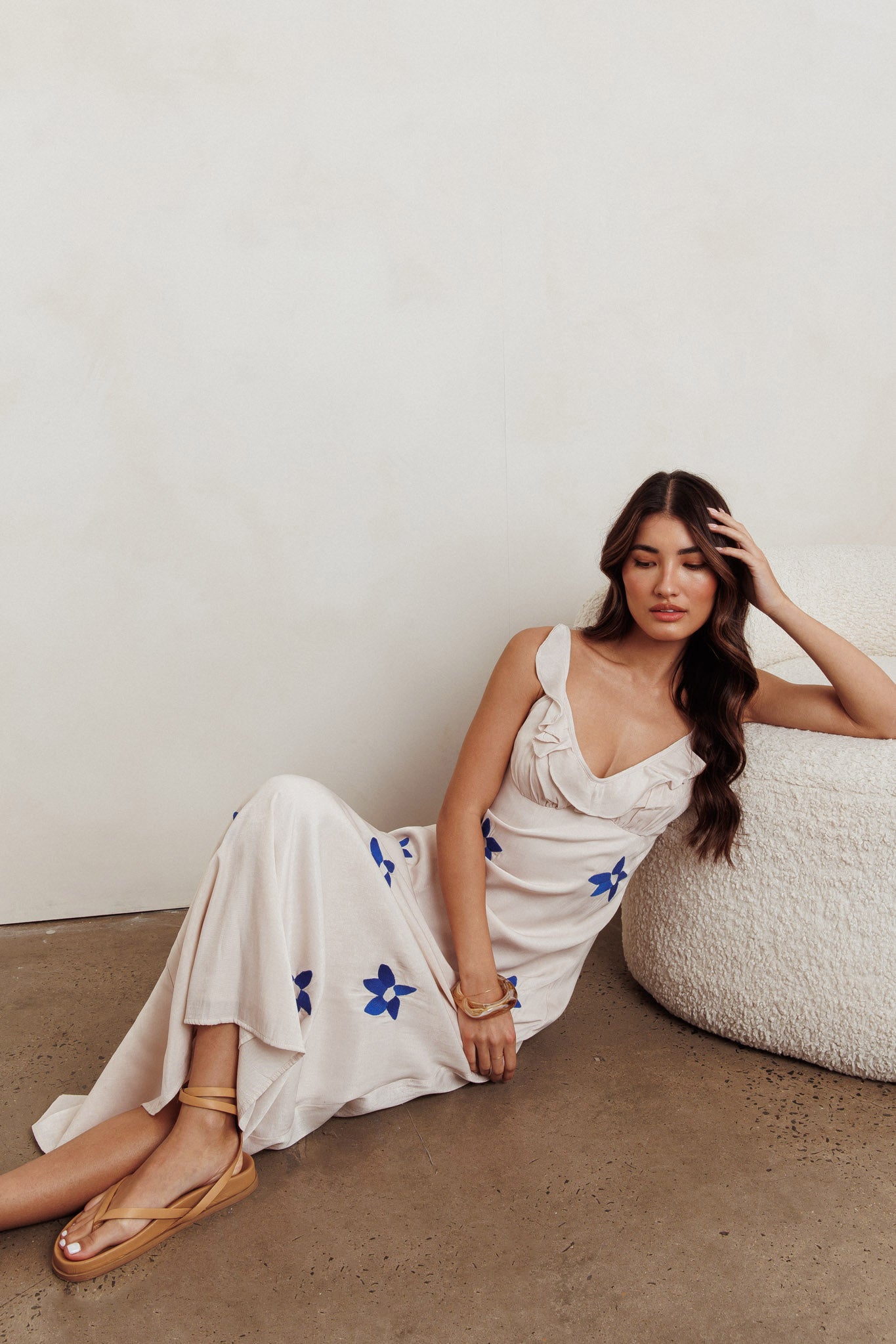 Hibiscus Ruffle A-line Maxi Dress Bone-Maymioy