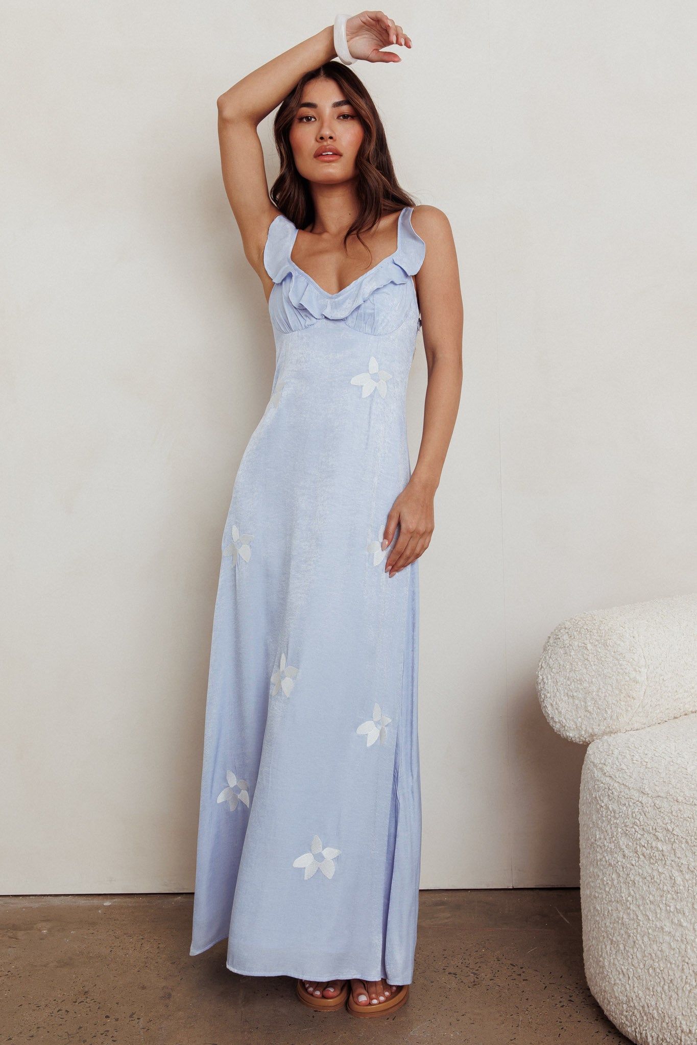 Hibiscus Ruffle A-line Maxi Dress Blue-Maymioy