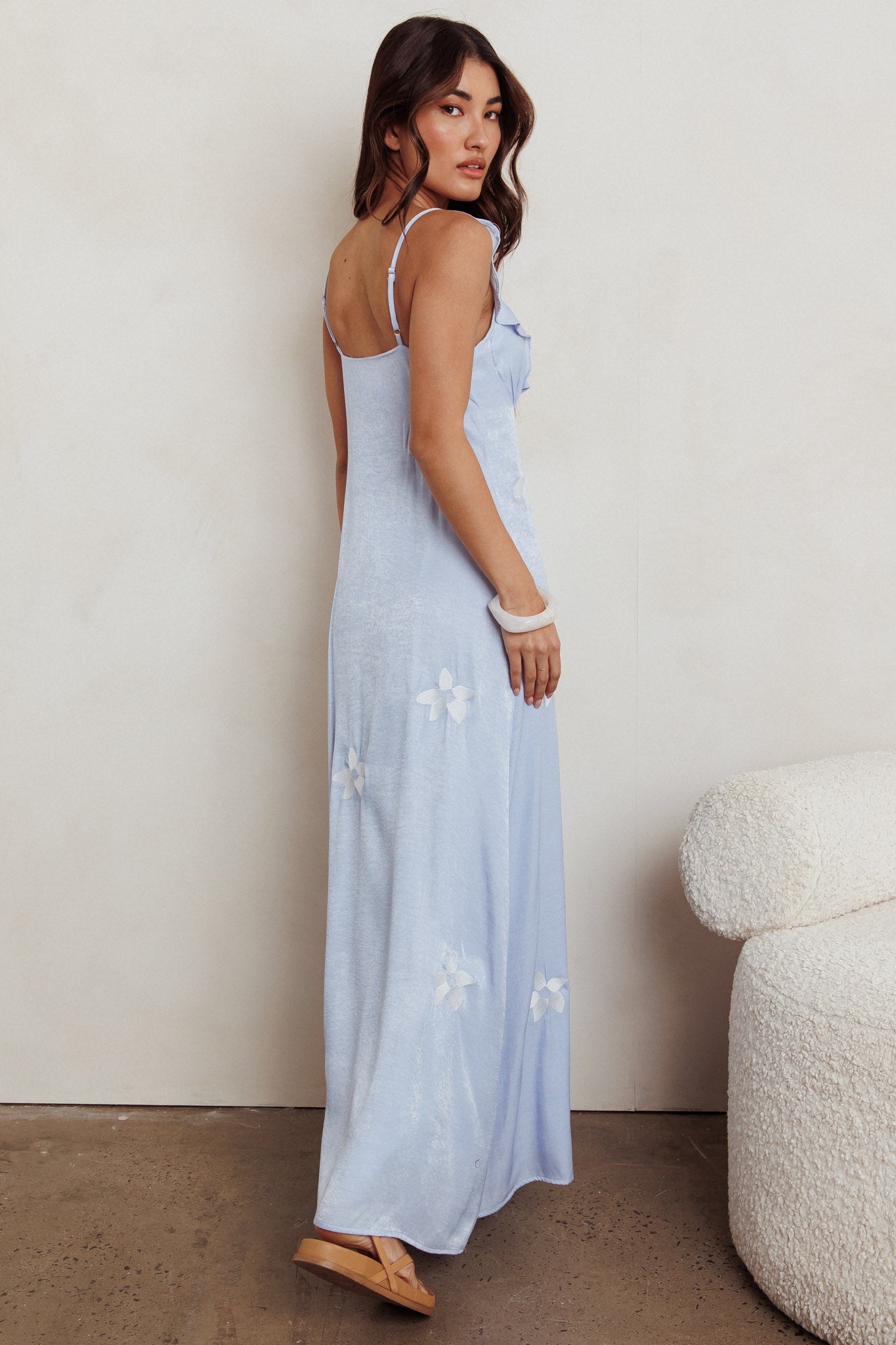 Hibiscus Ruffle A-line Maxi Dress Blue-Maymioy