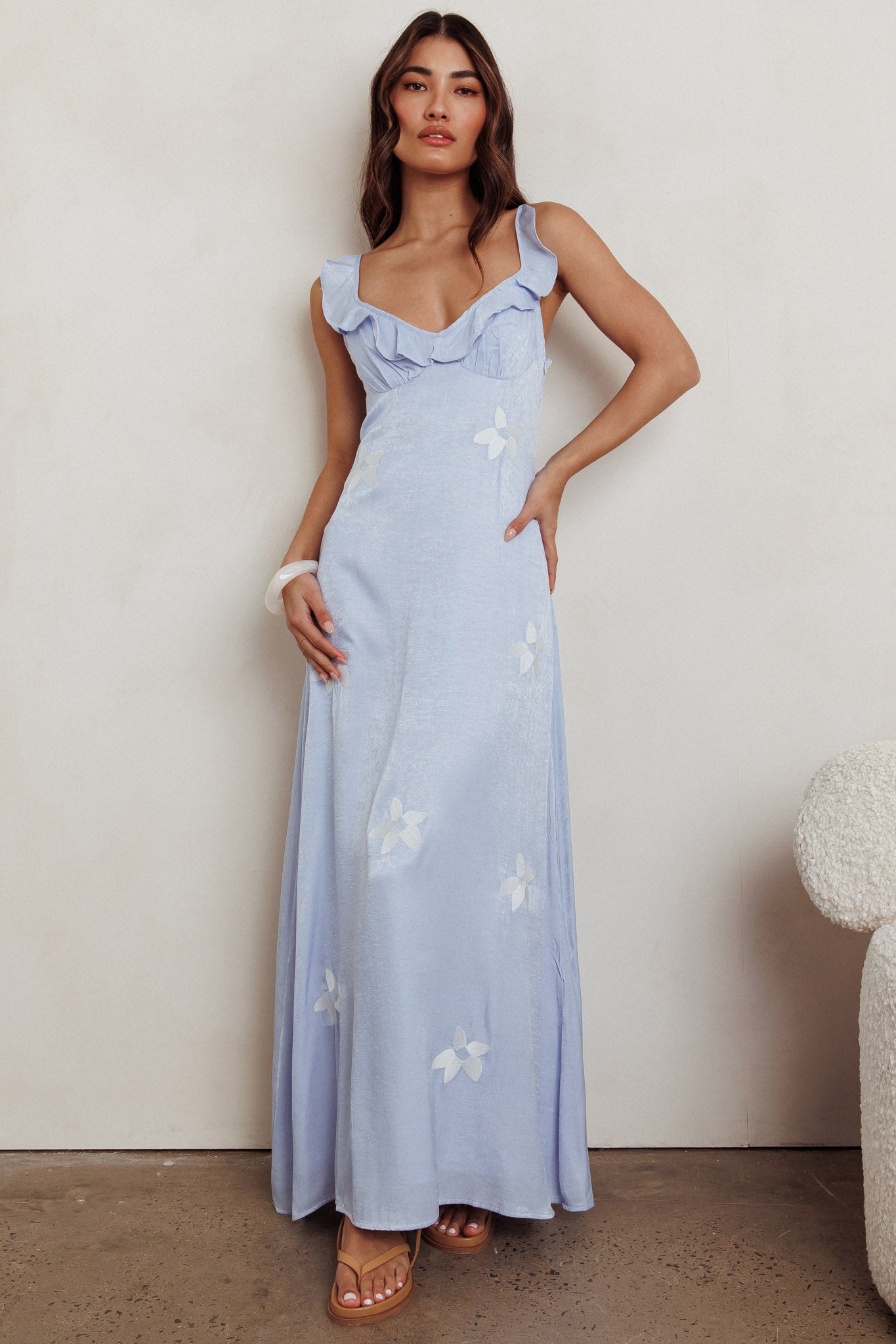 Hibiscus Ruffle A-line Maxi Dress Blue-Maymioy
