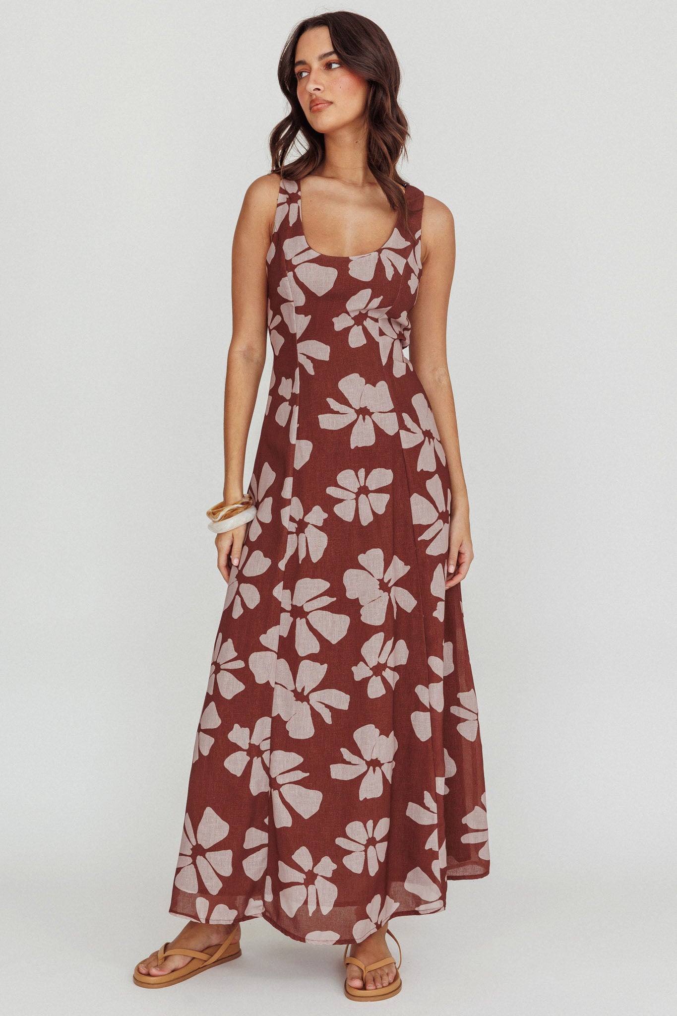 Lillia Floral A-Line Maxi Dress Brown-Maymioy