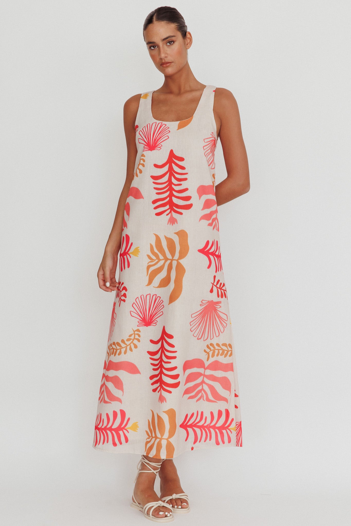 Thetis Leaf And Shell Maxi Slip Dress Pink-Maymioy
