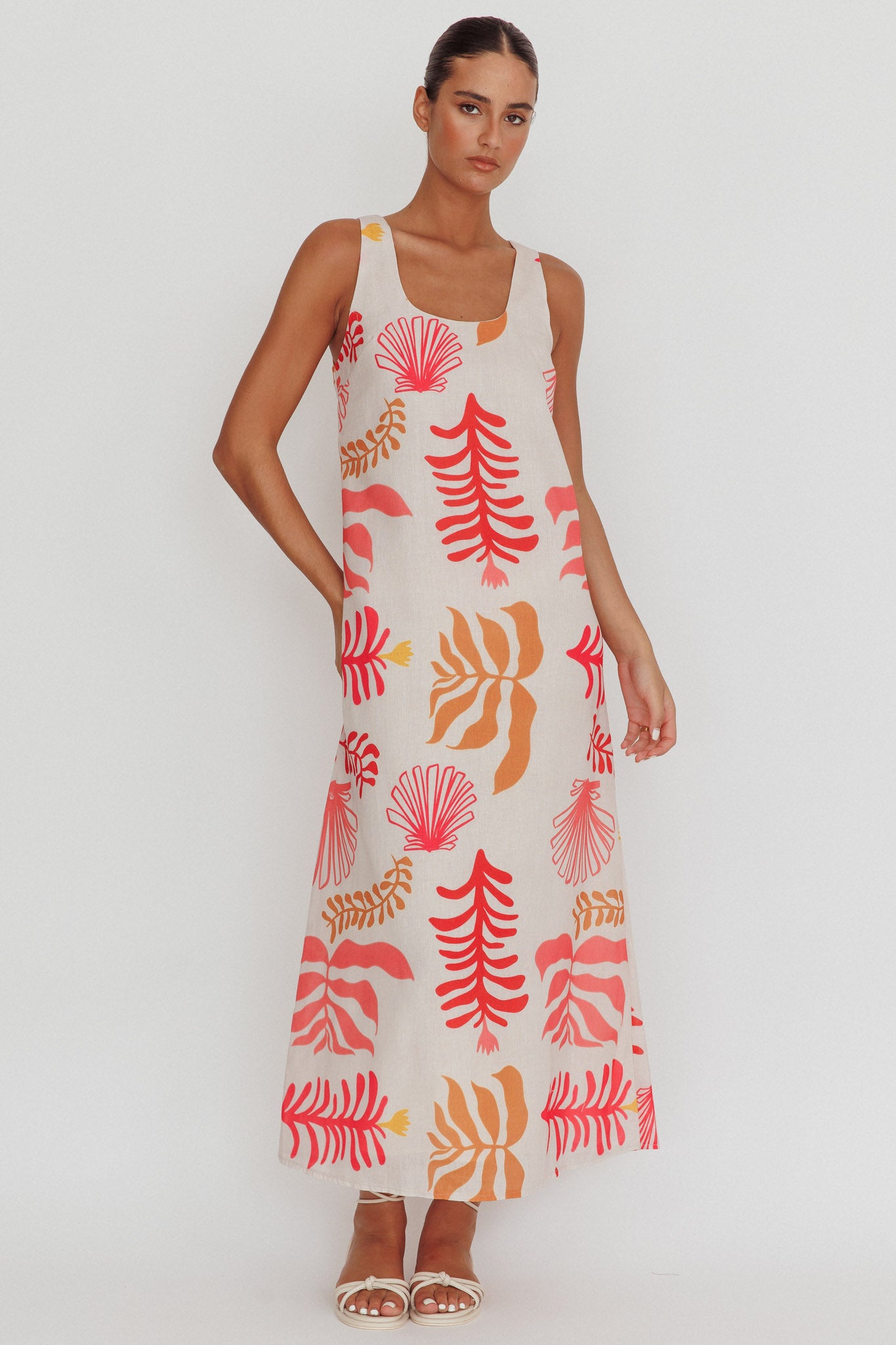 Thetis Leaf And Shell Maxi Slip Dress Pink-Maymioy