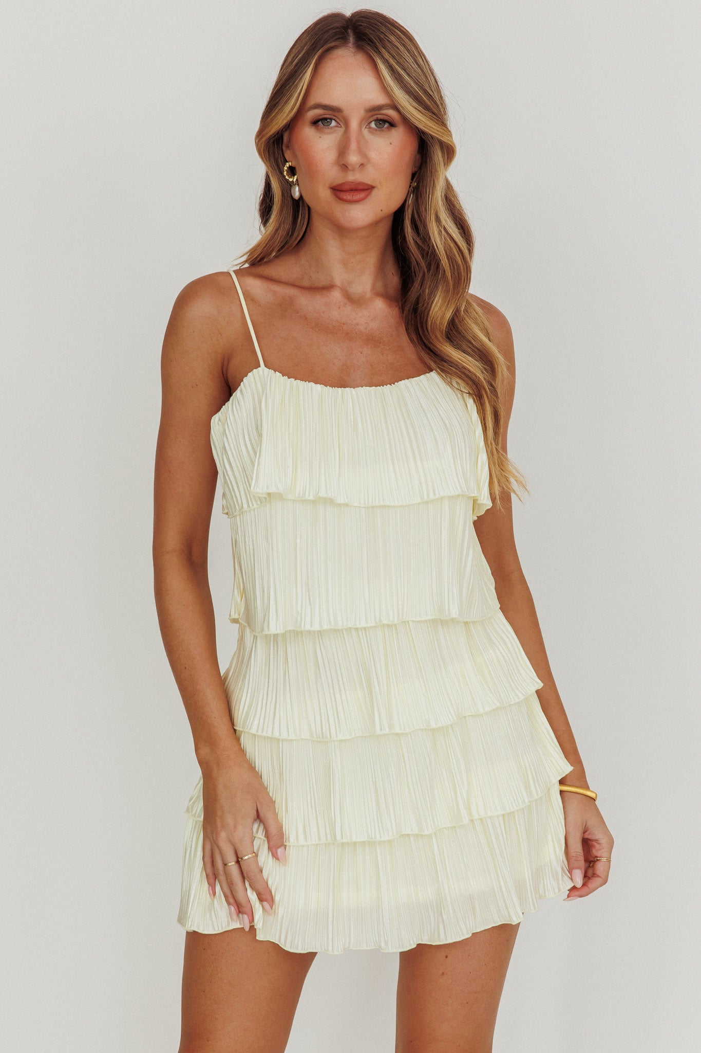 My Type Plisse Tiered Mini Dress Ivory-Maymioy