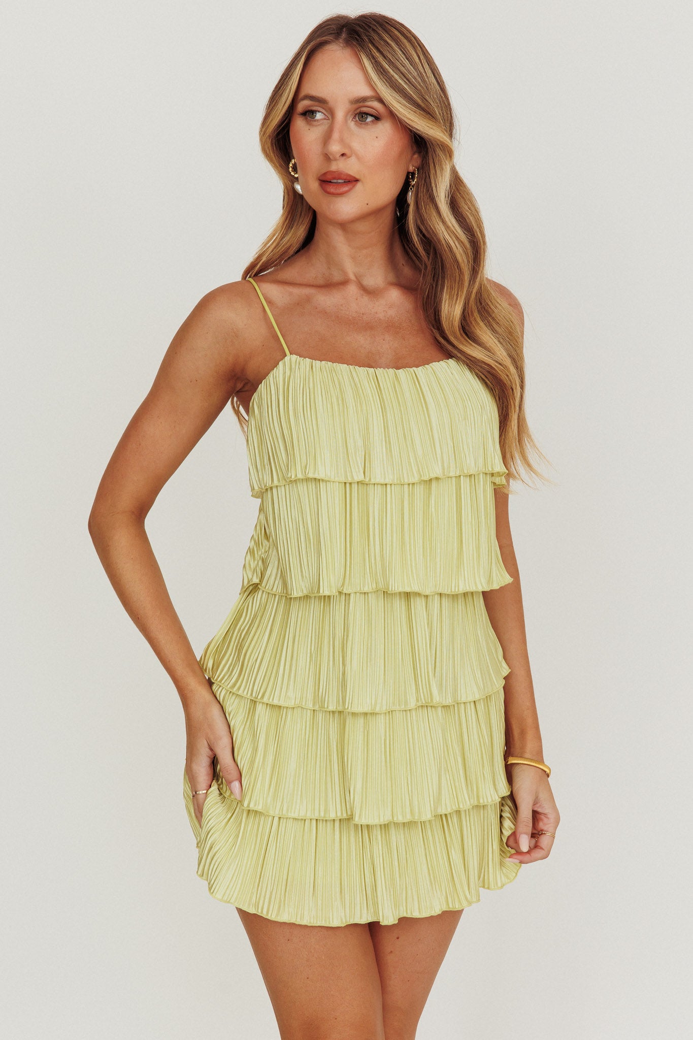 My Type Plisse Tiered Mini Dress Sage-Maymioy