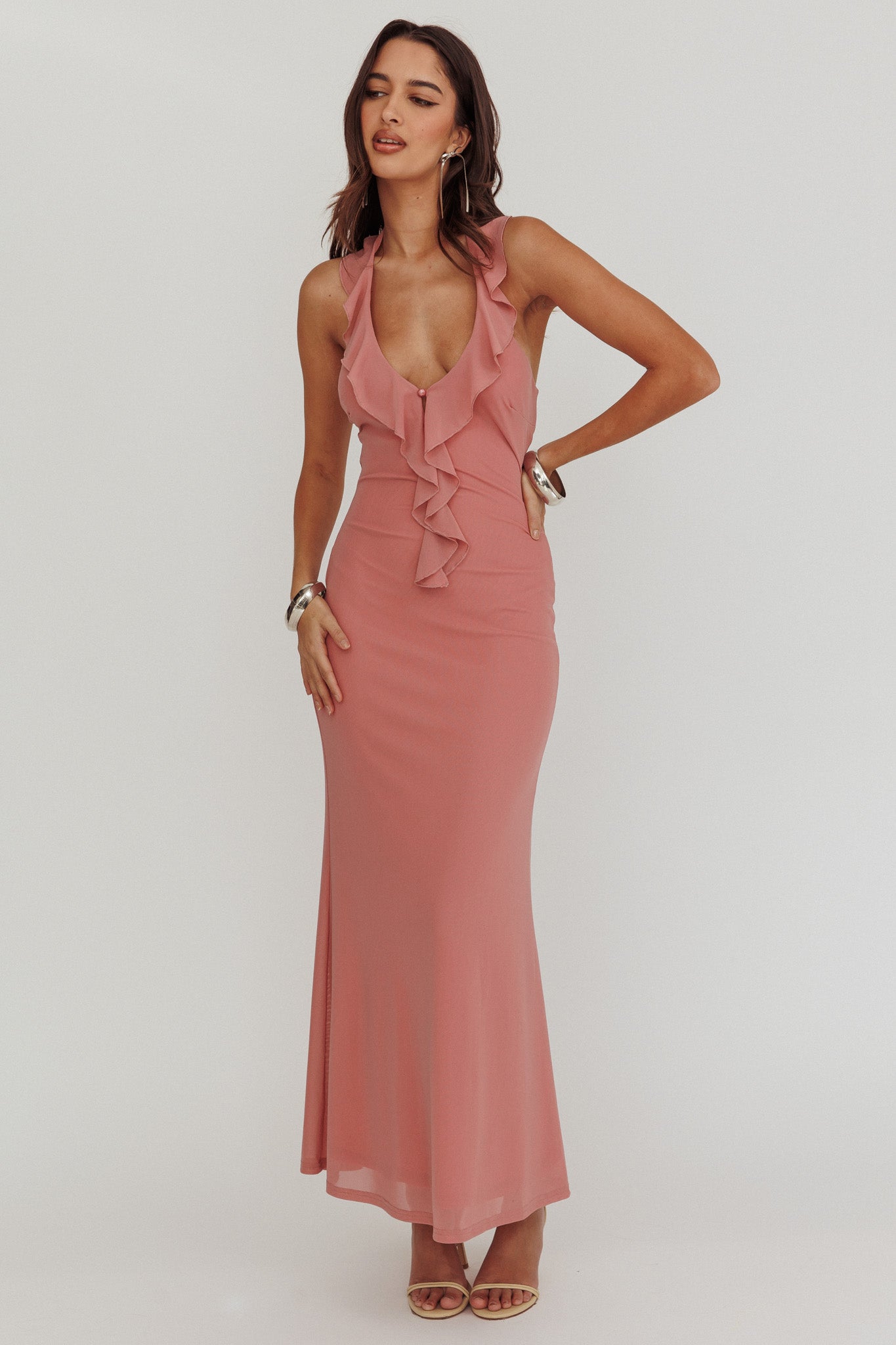 Live Loud Ruffle Halterneck Maxi Dress Rose-Maymioy