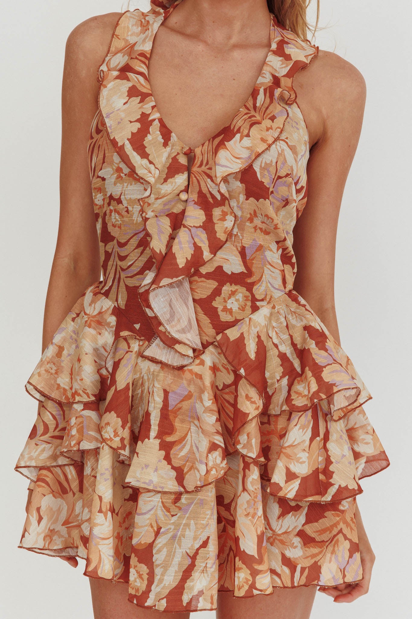 Live Loud Ruffle Layered Hem Mini Dress Floral-Maymioy