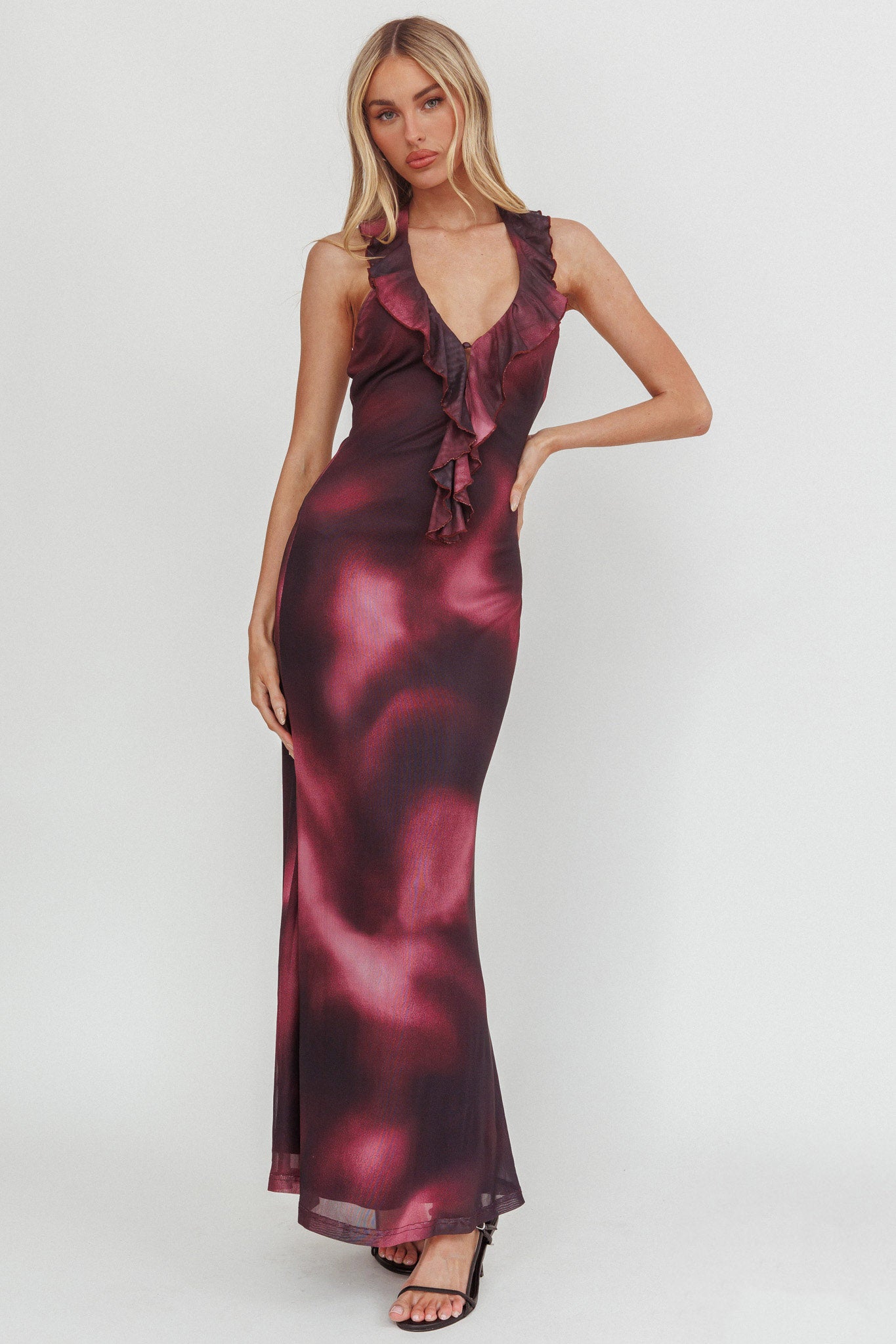 Live Loud Ruffle Halterneck Maxi Dress Print Brown-Maymioy