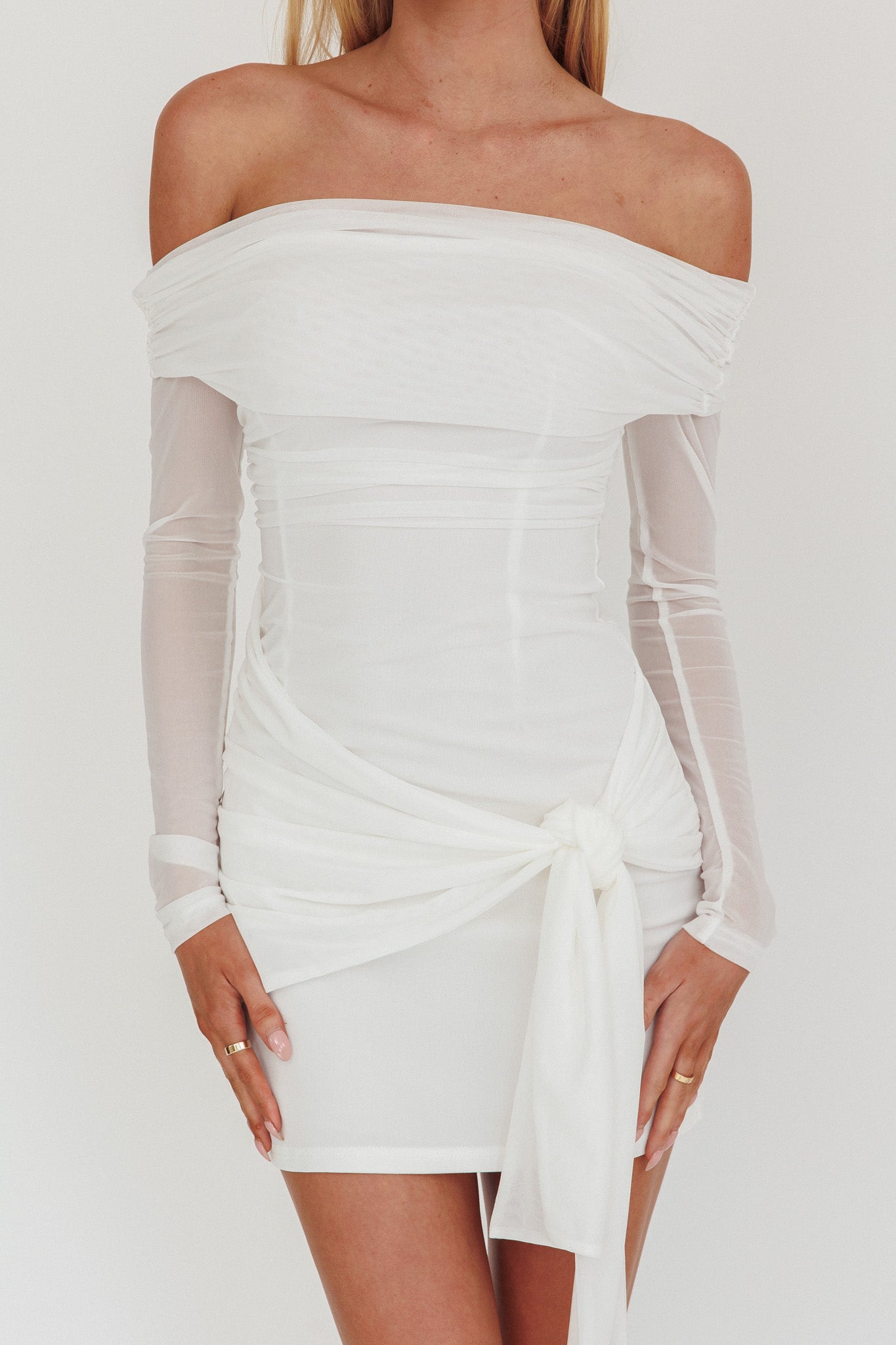 Dangerous Off Shoulder Waist Tie Mini Dress White-Maymioy