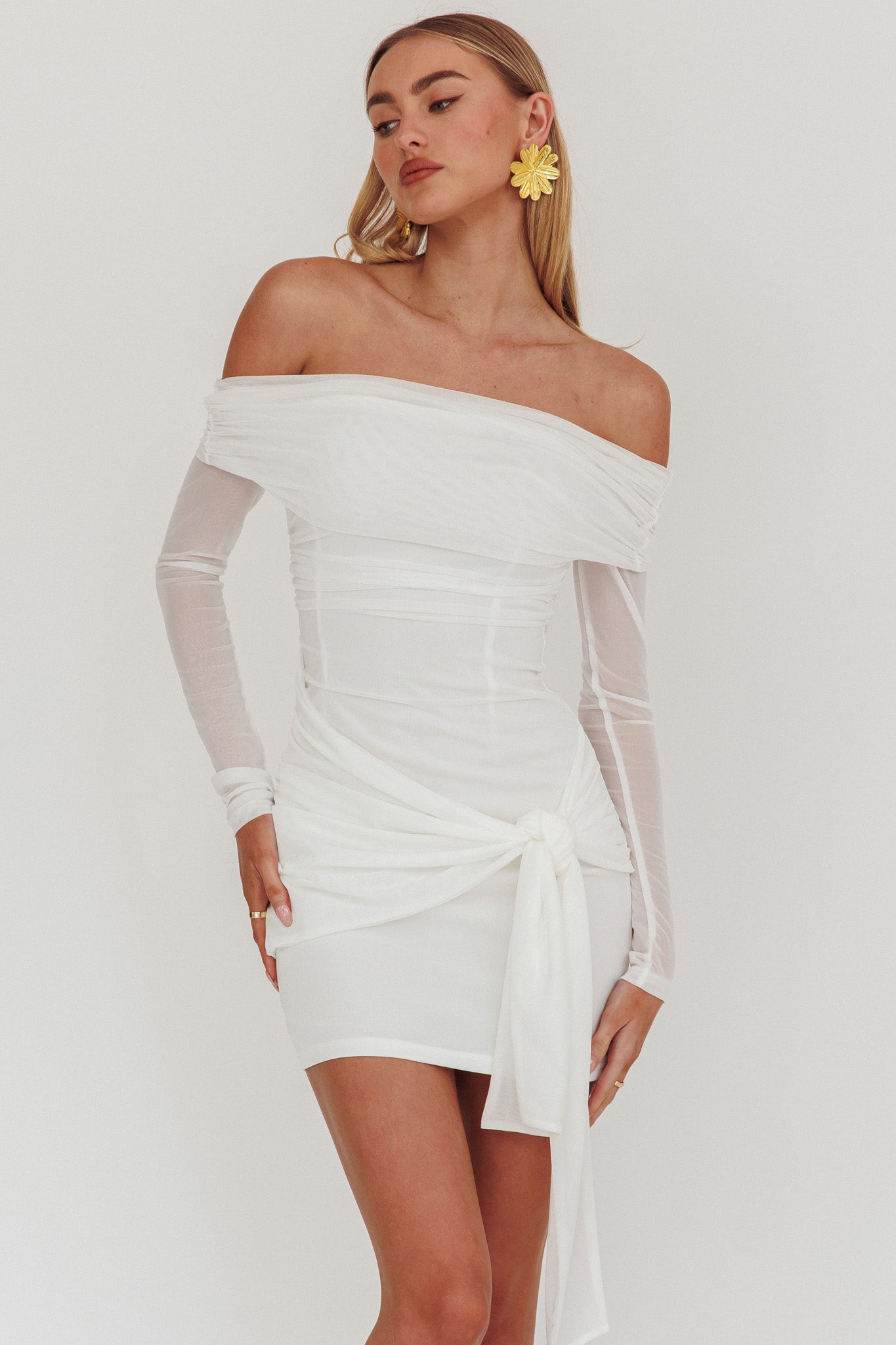Dangerous Off Shoulder Waist Tie Mini Dress White-Maymioy